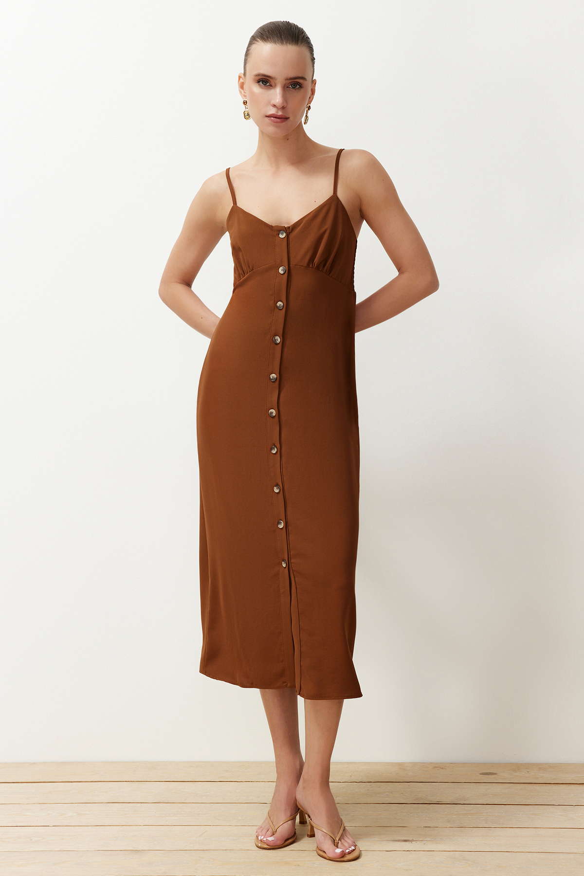 Trendyol Brown Straight Cut Button Detail Midi Woven Dress