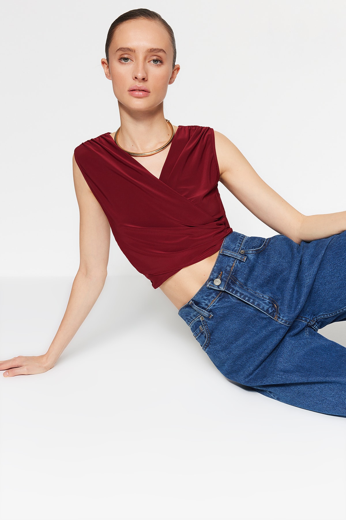 Trendyol Claret Red Drape Detailed, Double Breasted Collar Crop, Stretchy Knitted Blouse