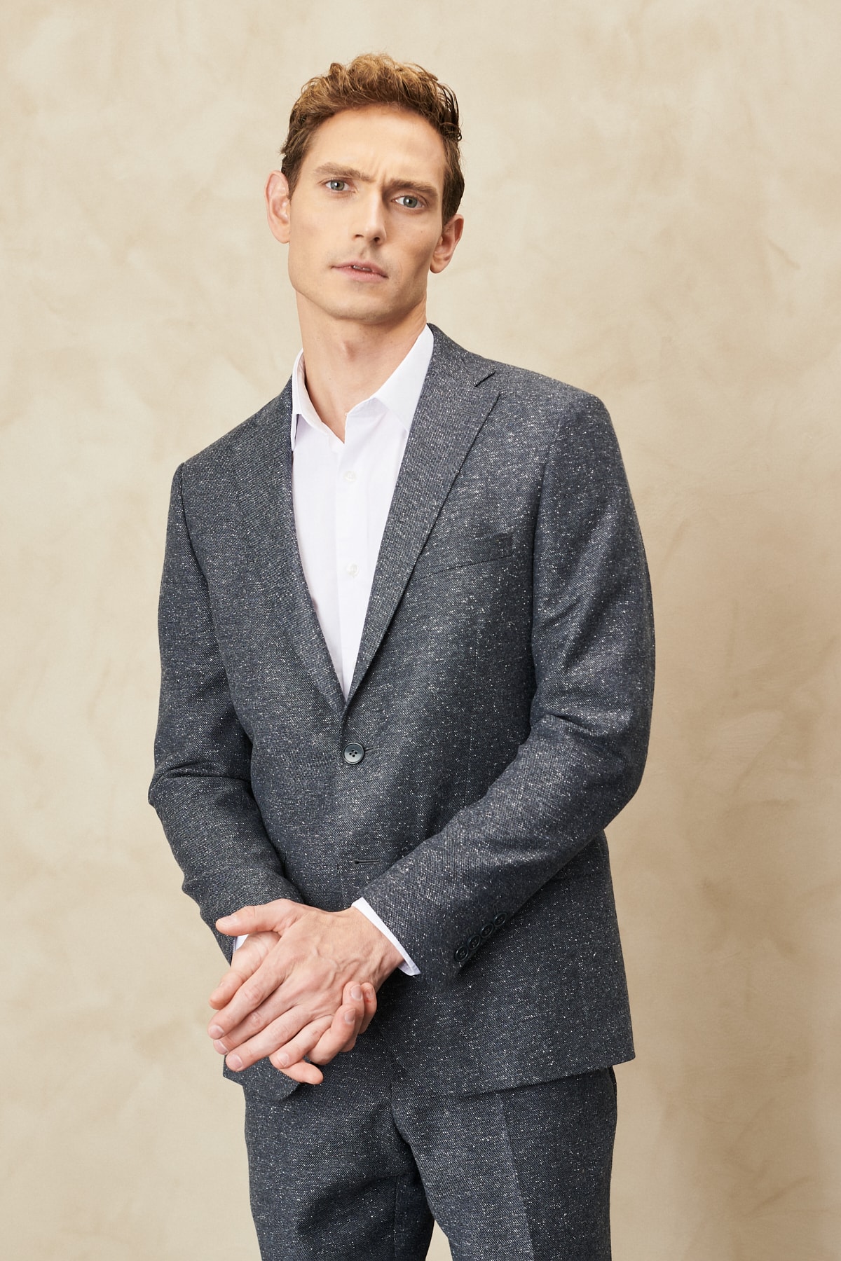 Levně ALTINYILDIZ CLASSICS Men's Anthracite Slim Fit Slim Fit Monochrome Mono Collar Tweet Patterned Wool Suit.