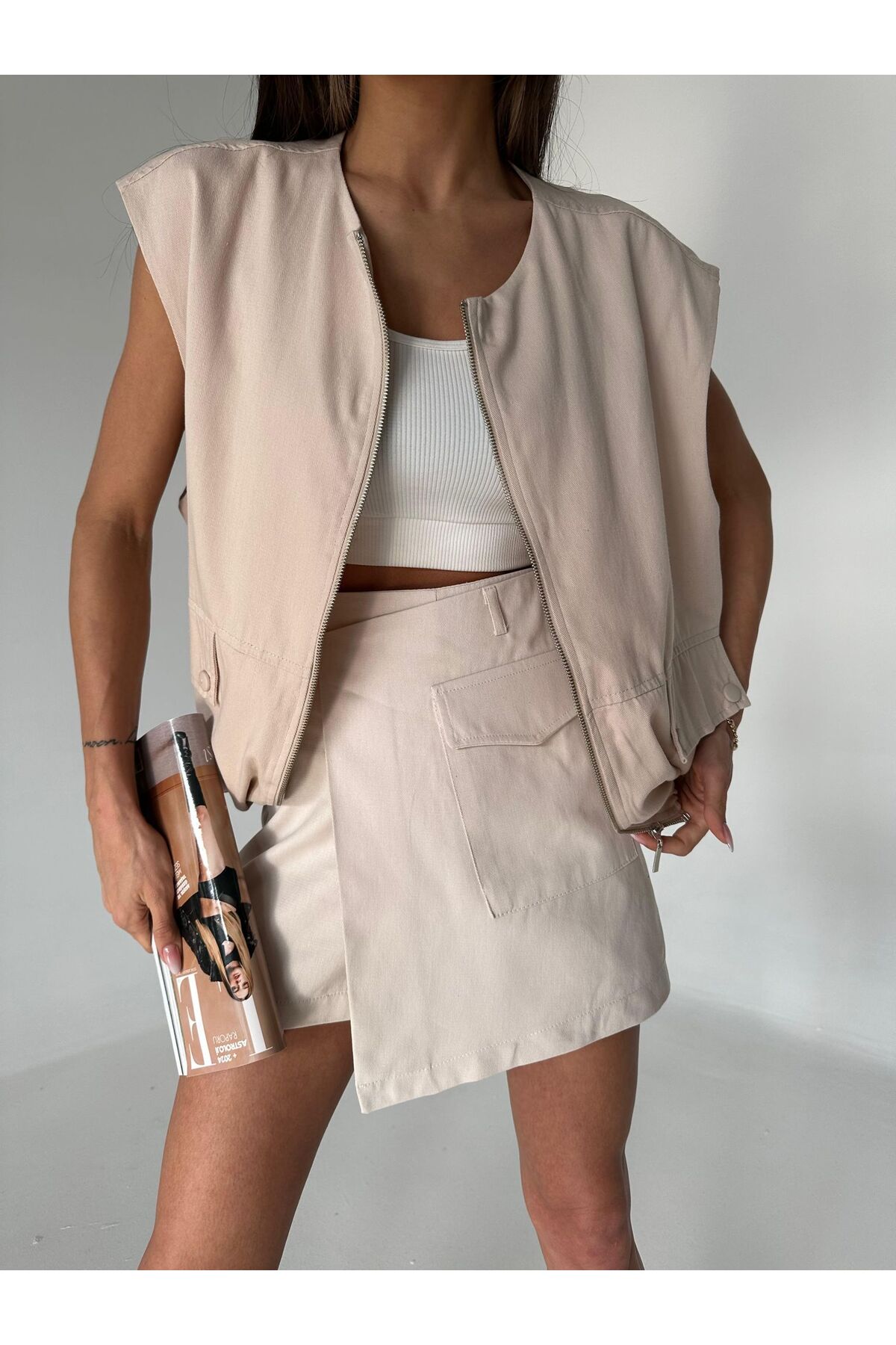 Laluvia Stone Color 100% Cotton Gabardine Short Skirt