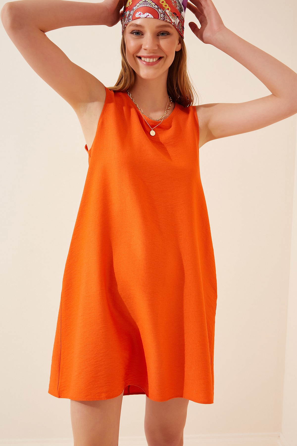 Levně Happiness İstanbul Women's Brick Sleeveless Linen Viscose A-Line Dress