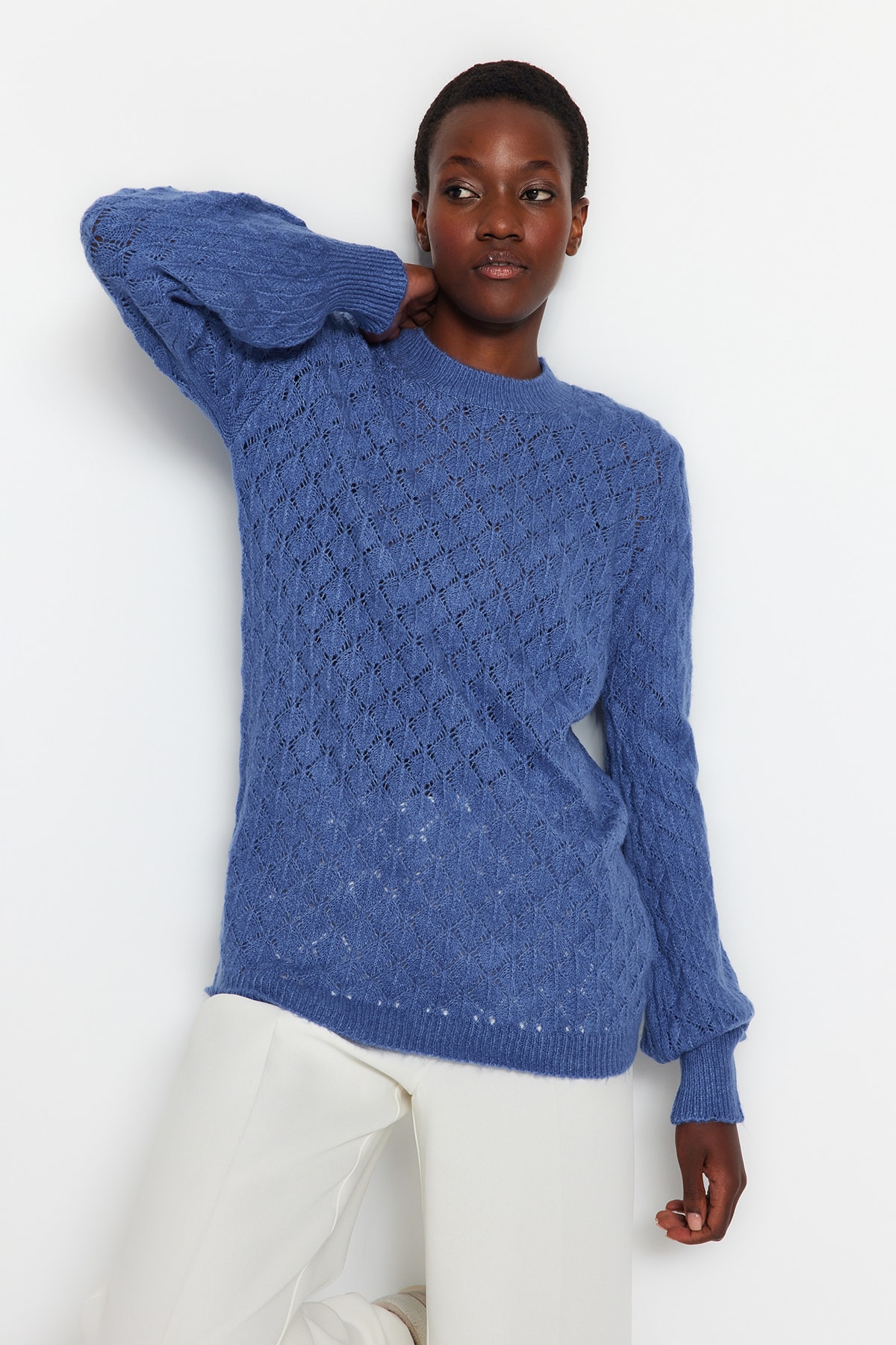 Trendyol Blue Soft Textured Openwork/Perforated Knitwear Sweater