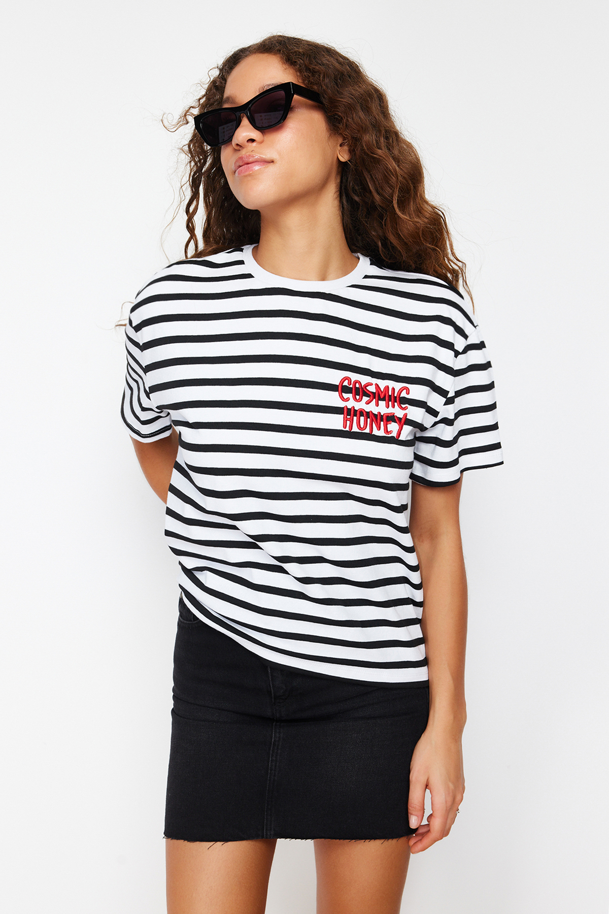 Trendyol Black-White Striped Slogan Embroidery Detailed Relaxed/Comfortable Fit Knitted T-Shirt