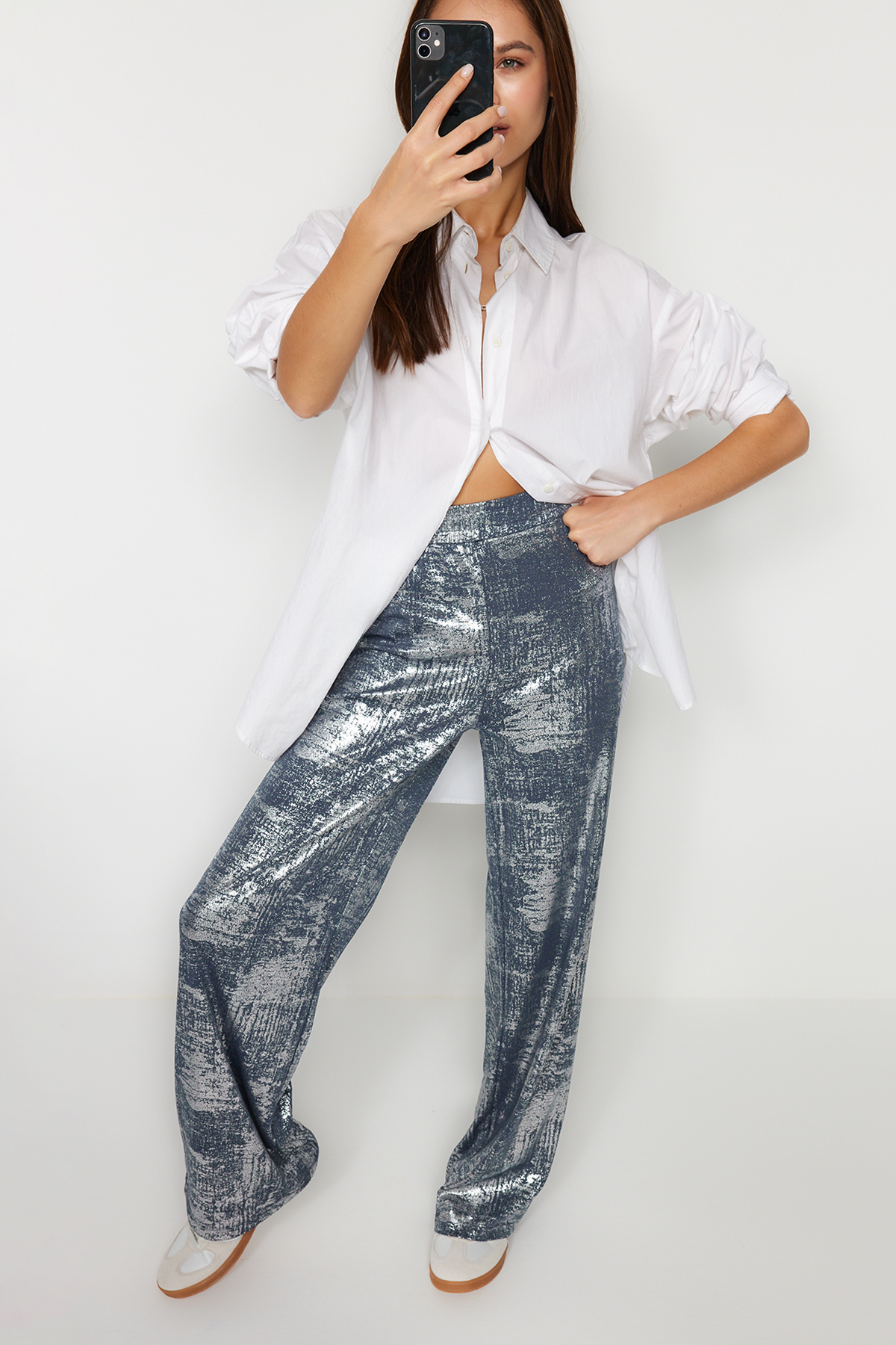 Trendyol Gray Foil/Shiny Printed Elastic Waist Wide Leg / Wide Leg Stretch Knitted Trousers