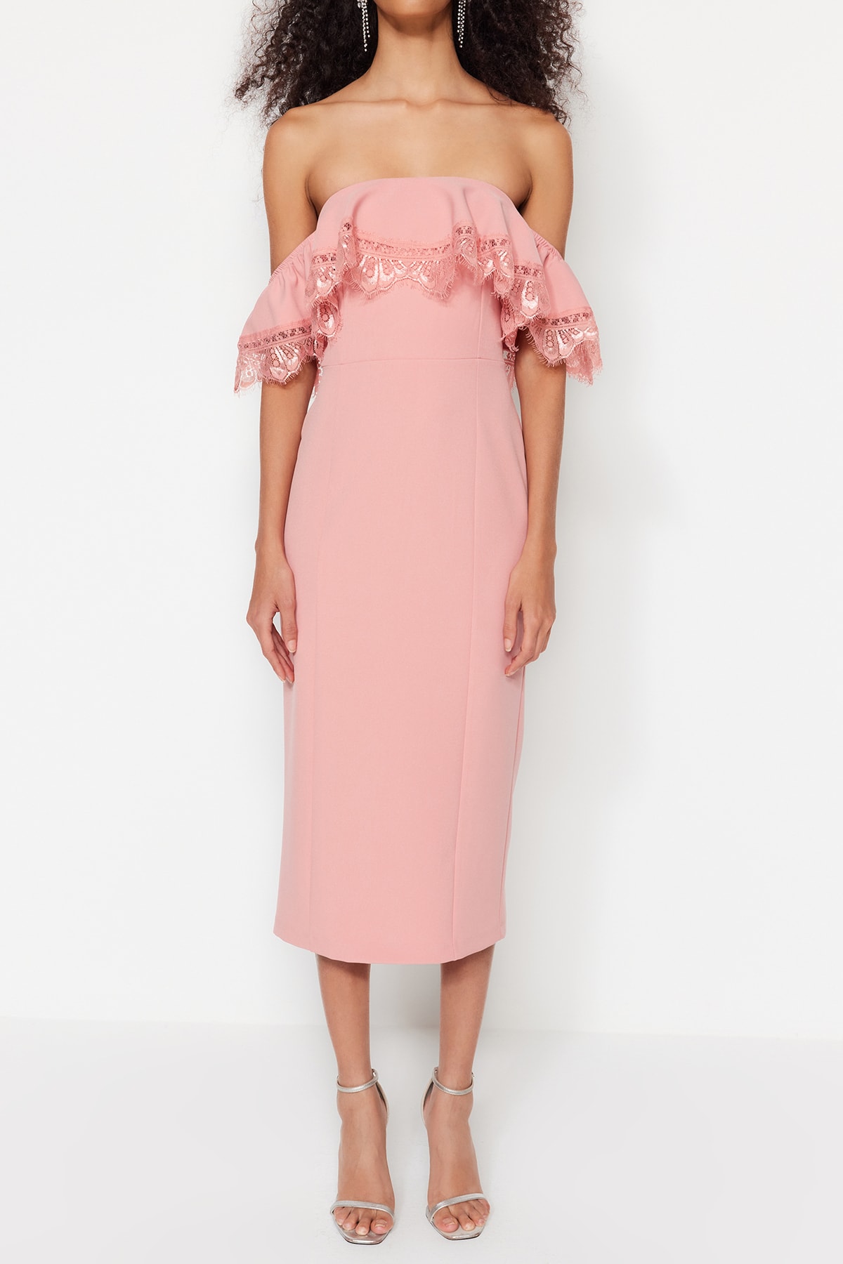 Trendyol Dusty Rose, rochie de seara eleganta tesuta cambrata