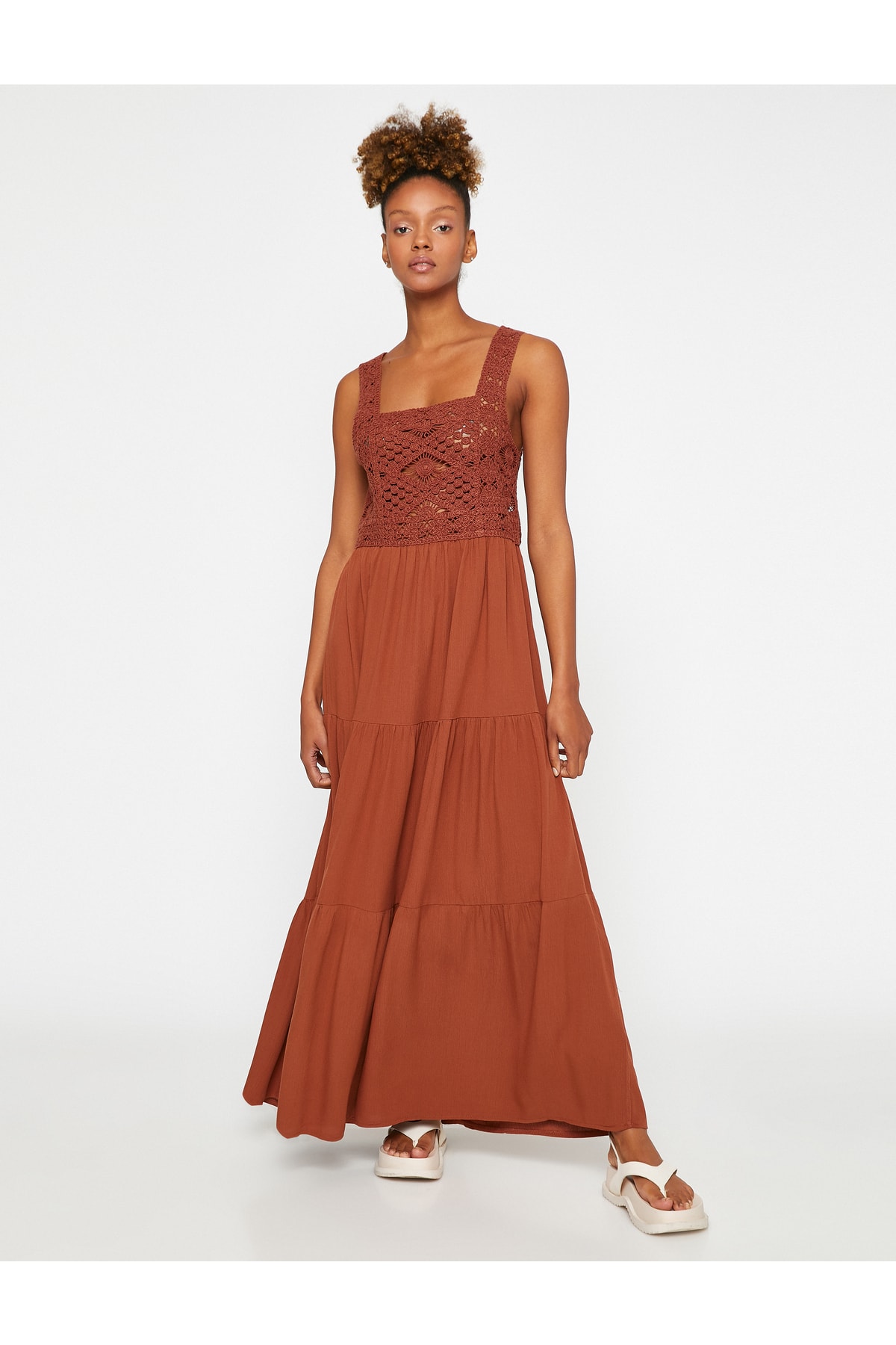 Koton Long Dress with Crochet Detail and Straps Square Neck