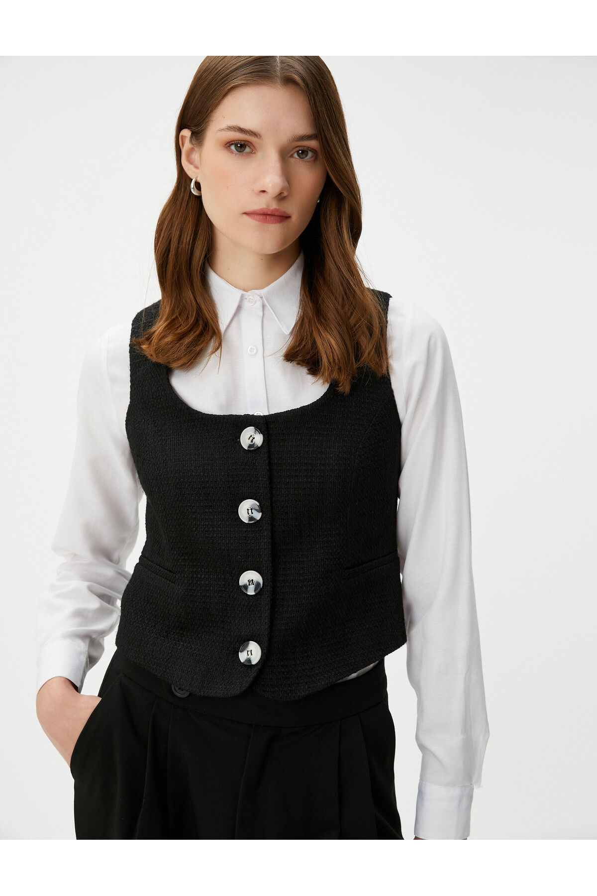 Koton Tweed Vest Buttoned Square Collar With Pocket