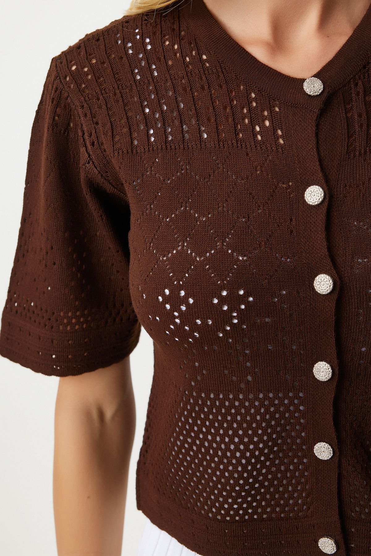 Happiness İstanbul Women's Brown Openwork Seasonal Knitwear Cardigan