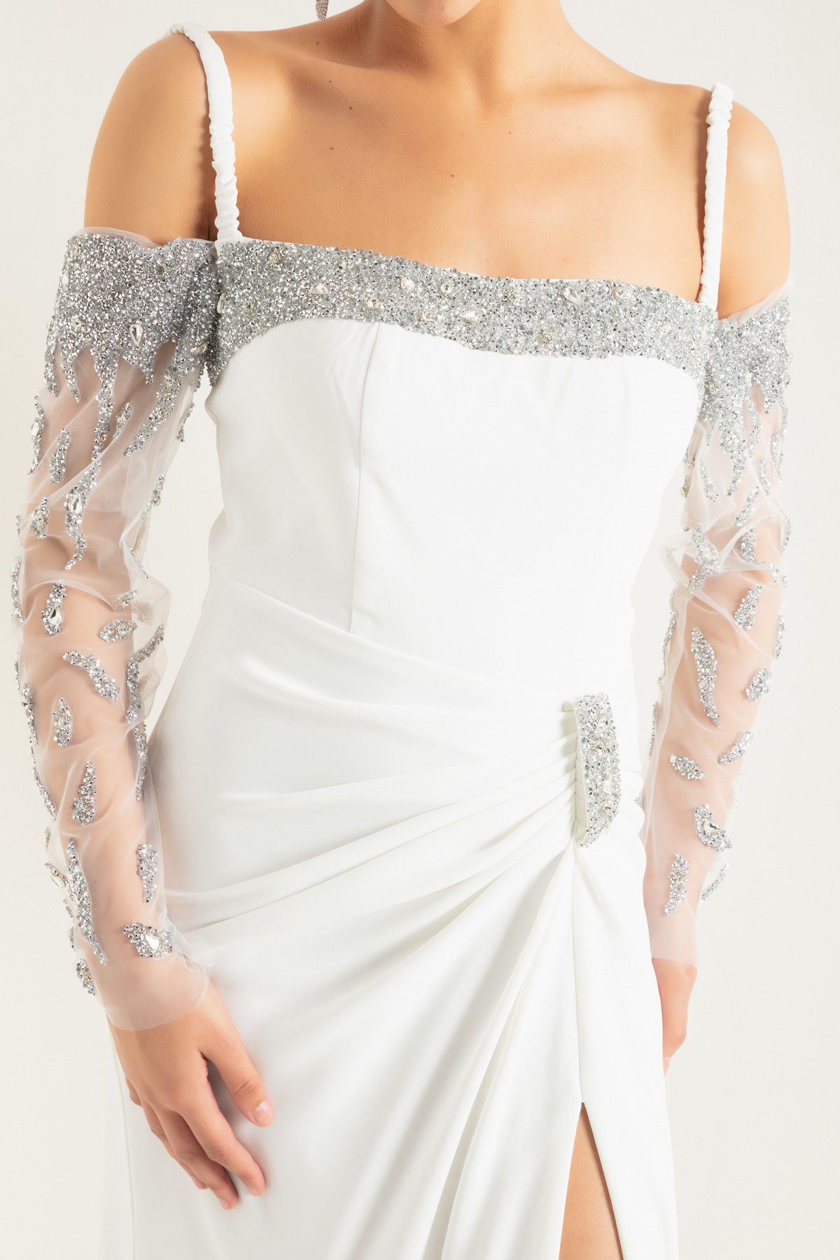 Lafaba Women's White Thin Strappy Stone Long Evening Dress