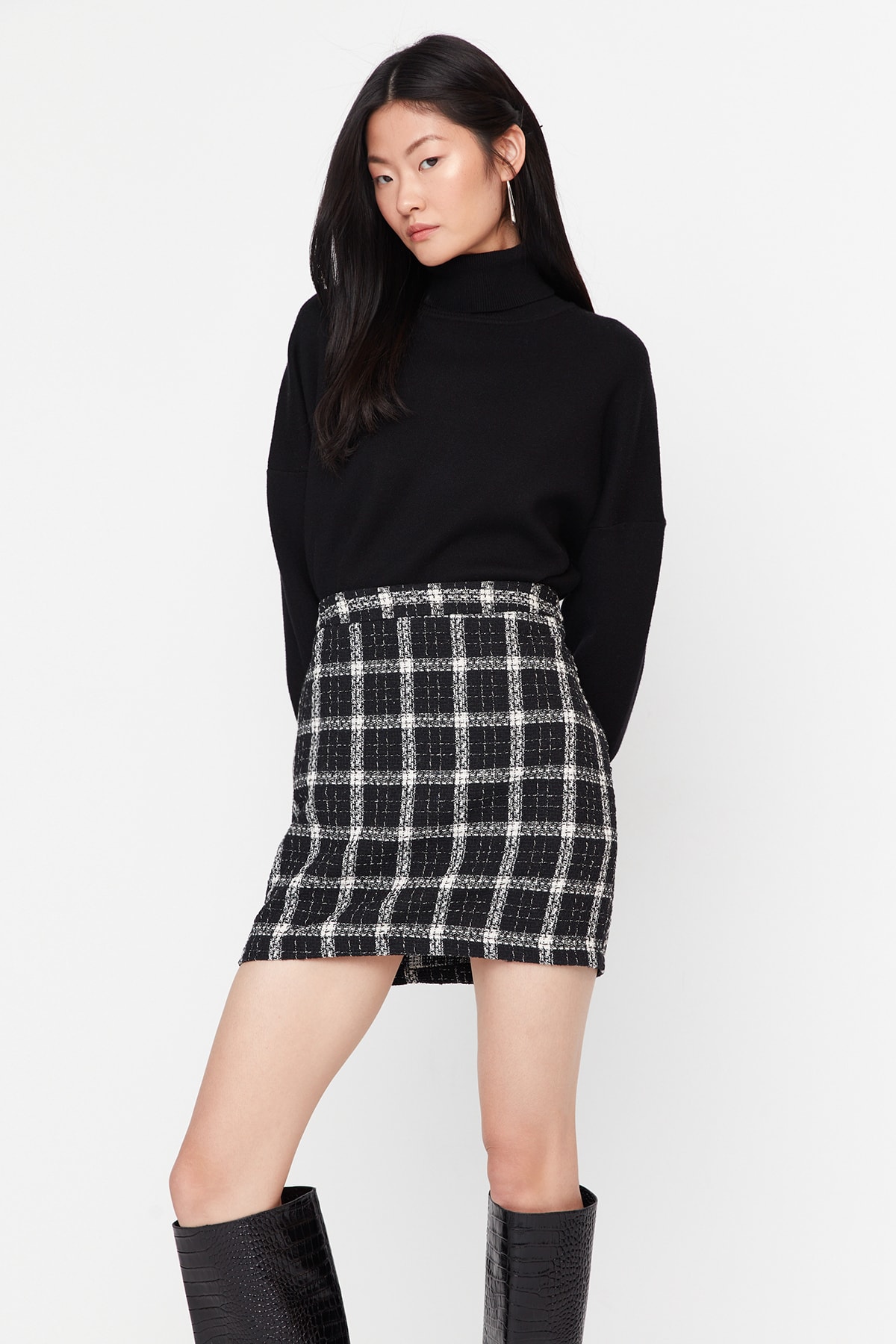 Trendyol Black Checkered Patterned Mini Woven Skirt