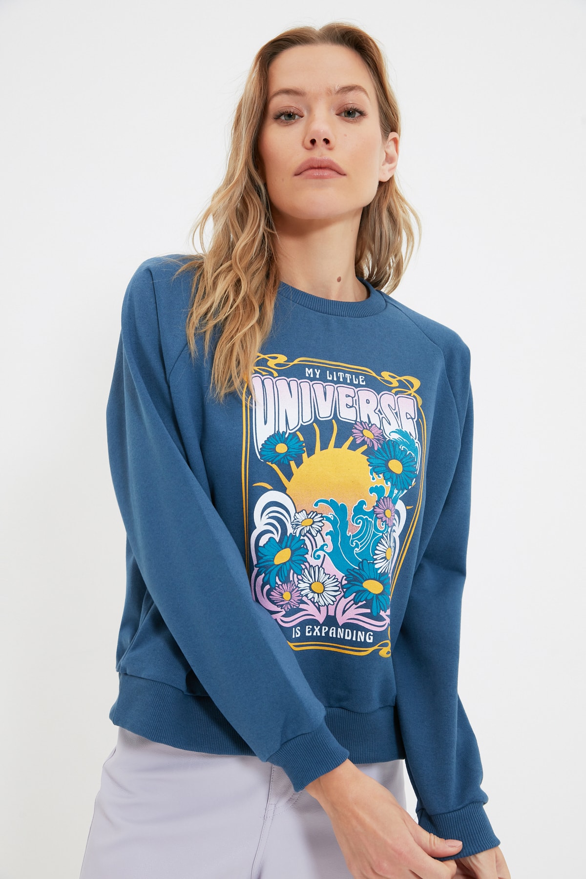 Trendyol Indigo Basic Raglan Sleeve Slim Knitted Sweatshirt