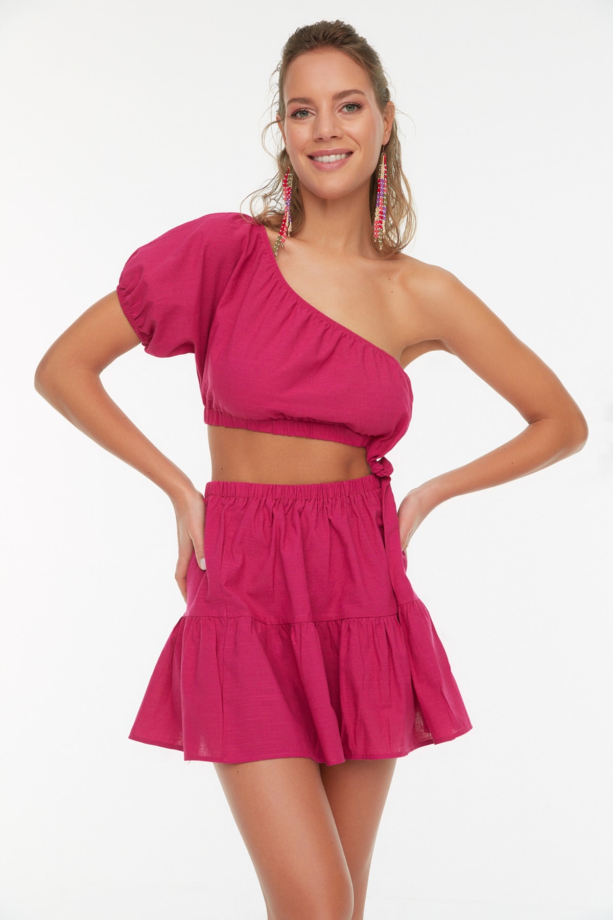 Trendyol Fuchsia One-Shoulder Knot Detailed Beach Dress