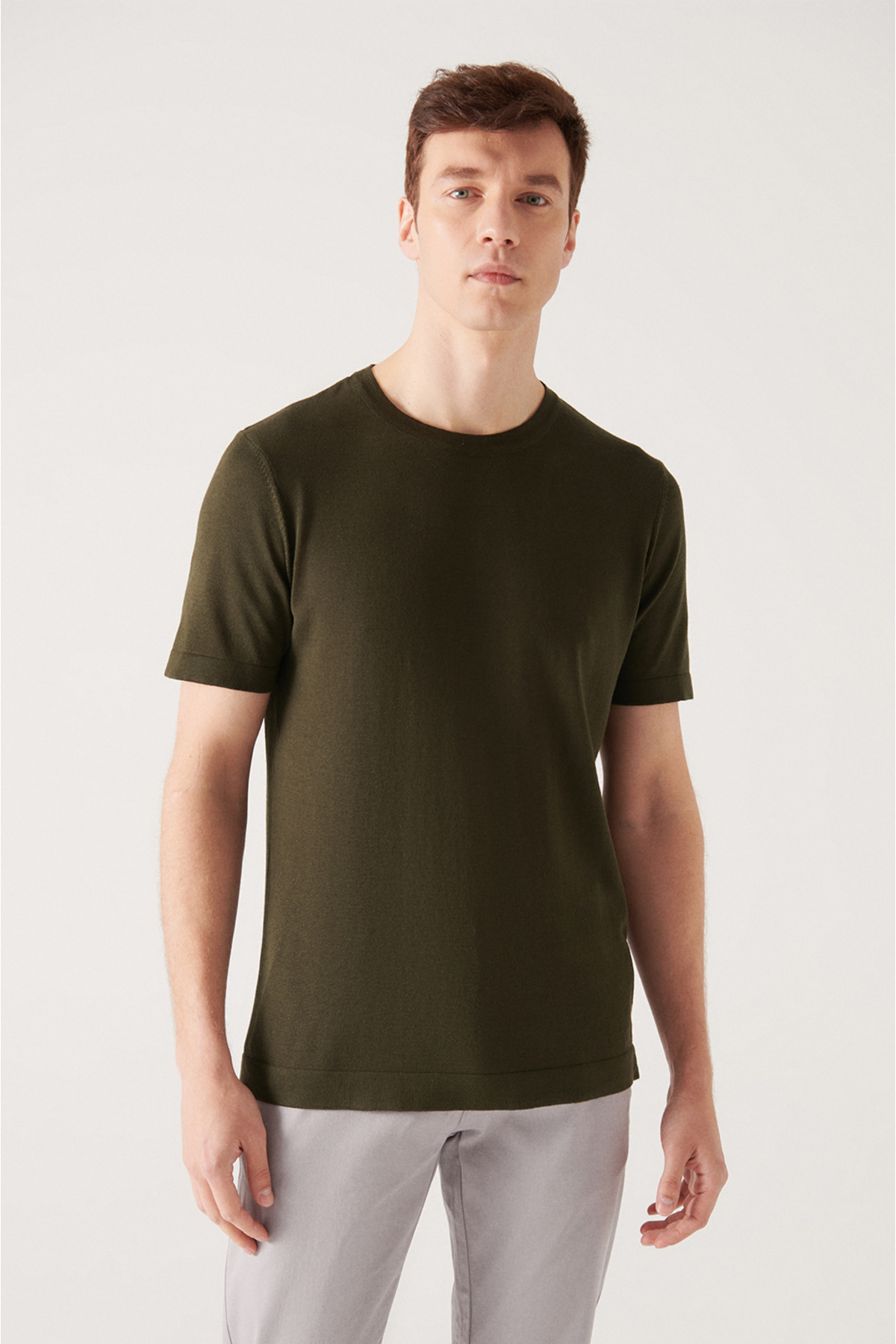 Levně Avva Men's Khaki Crew Neck Cotton Regular Fit Fine Knitwear T-shirt