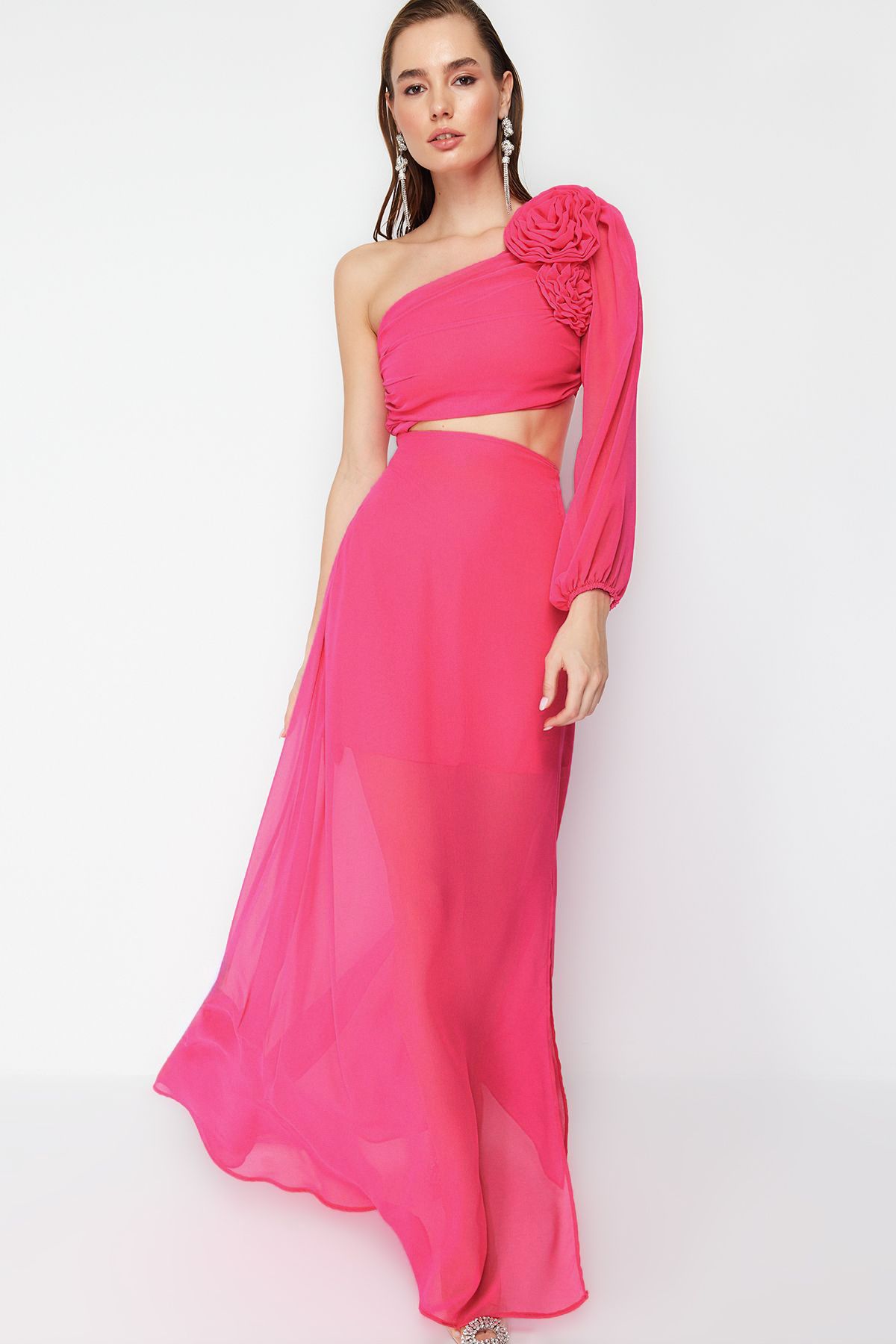 Trendyol Fuchsia A-Line Lined Window/Cut Out Detailed Chiffon Gradient Chic Evening Dress