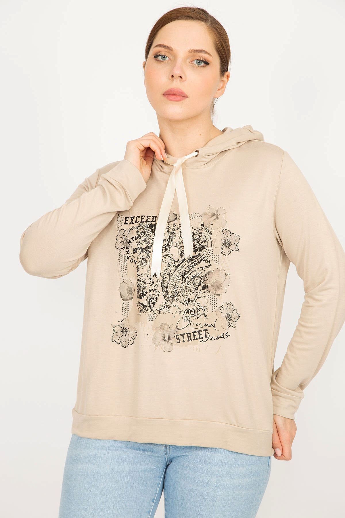 Şans Women's Mink Plus Size Hooded Print And Stone Detailed Sweatshirt