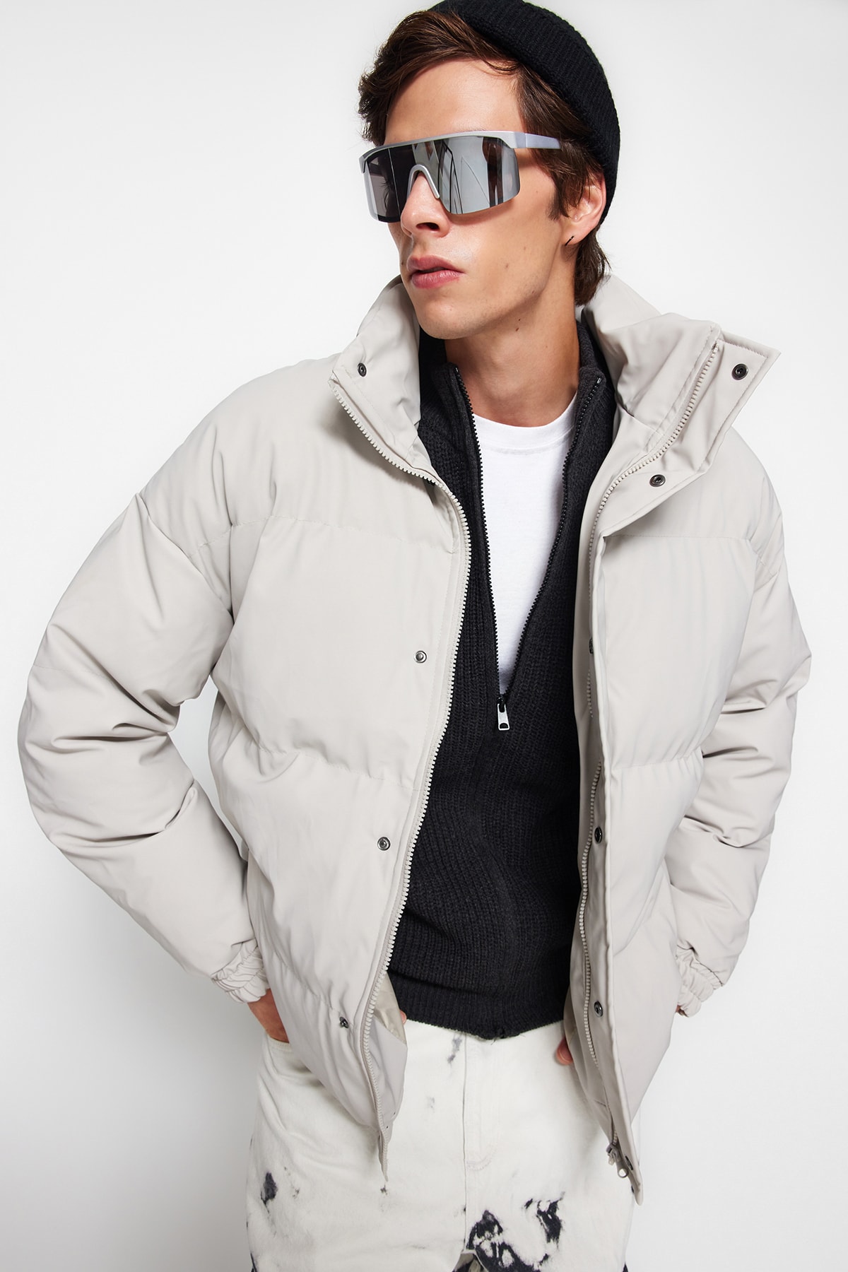 Trendyol Stone Oversize Fit Stand Collar Winter Puffer Coat