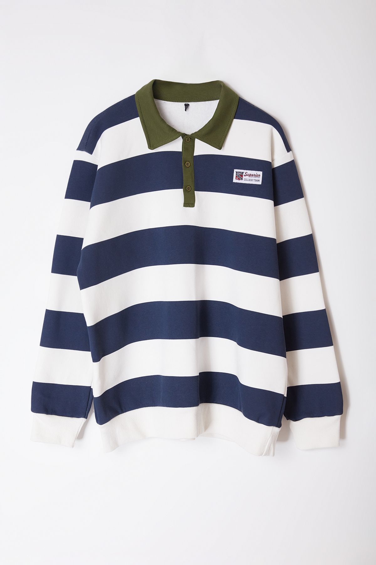 Trendyol Large Size Navy Blue Regular/Normal Cut Comfortable Cotton Striped Sweatshirt with Fleece Inside