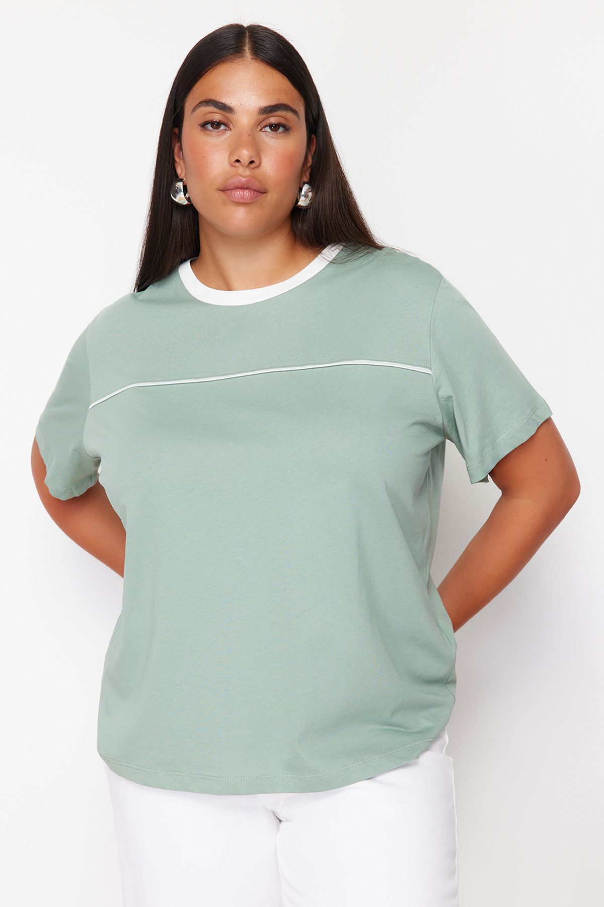 Trendyol Curve Mint 100% Cotton More Sustainable Detailed Relaxed Knitted T-shirt