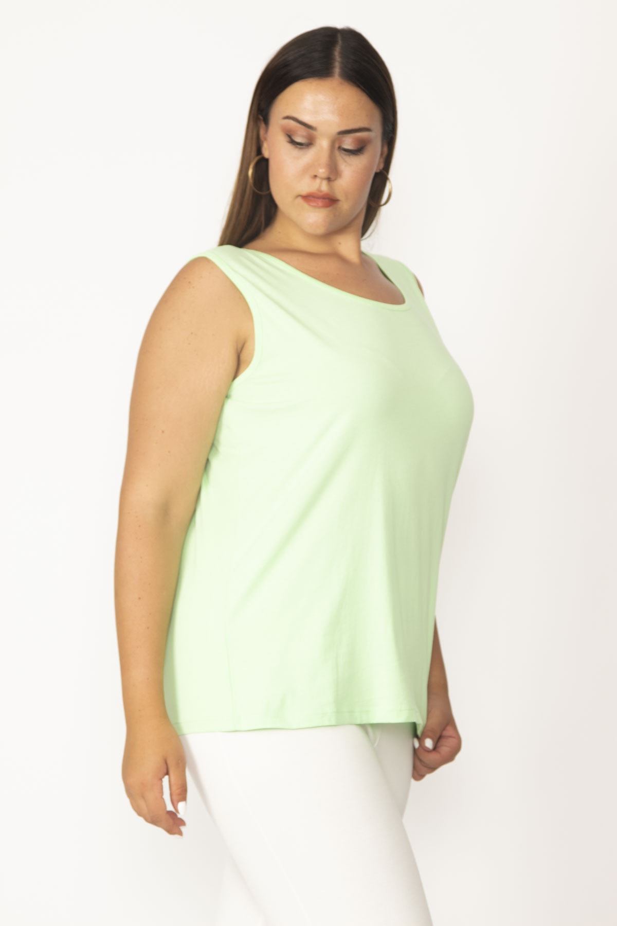 Levně Şans Women's Plus Size Green Cotton Fabric Crewneck Tank Top