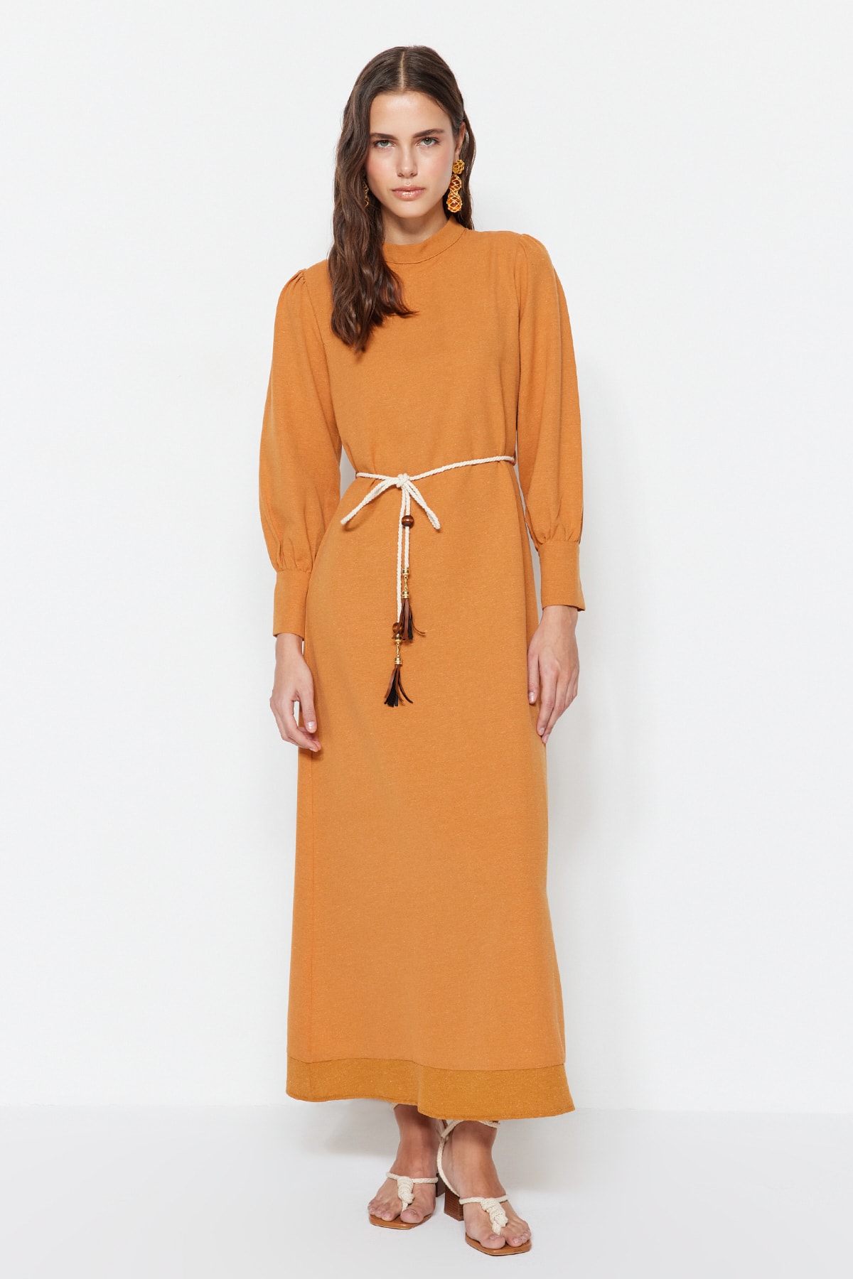 Trendyol Cinnamon Belt Detailed Wide Cuff Linen Look Woven Dress