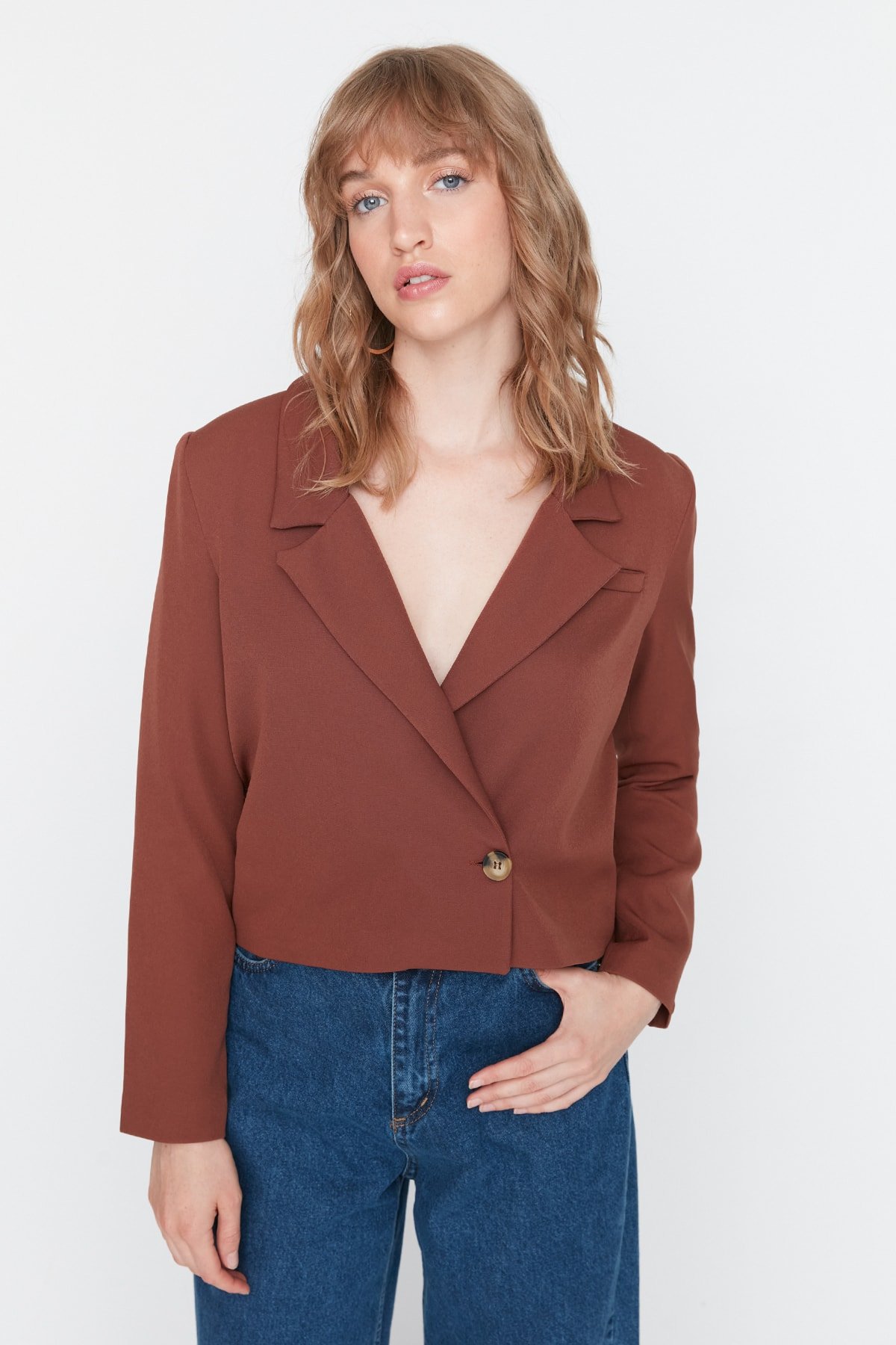 Levně Trendyol Brown Crop Woven Lined Blazer Jacket