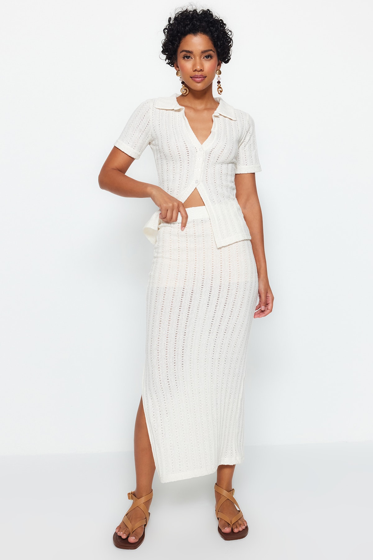Trendyol Ecru, Fitted Midi Skirt in Knitted Fabric