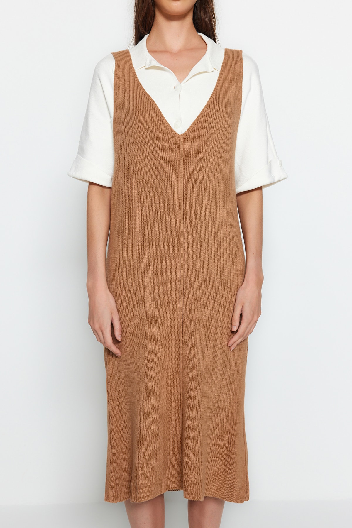 Trendyol Beige Maxi Knitwear V-Neck Gilet Dress