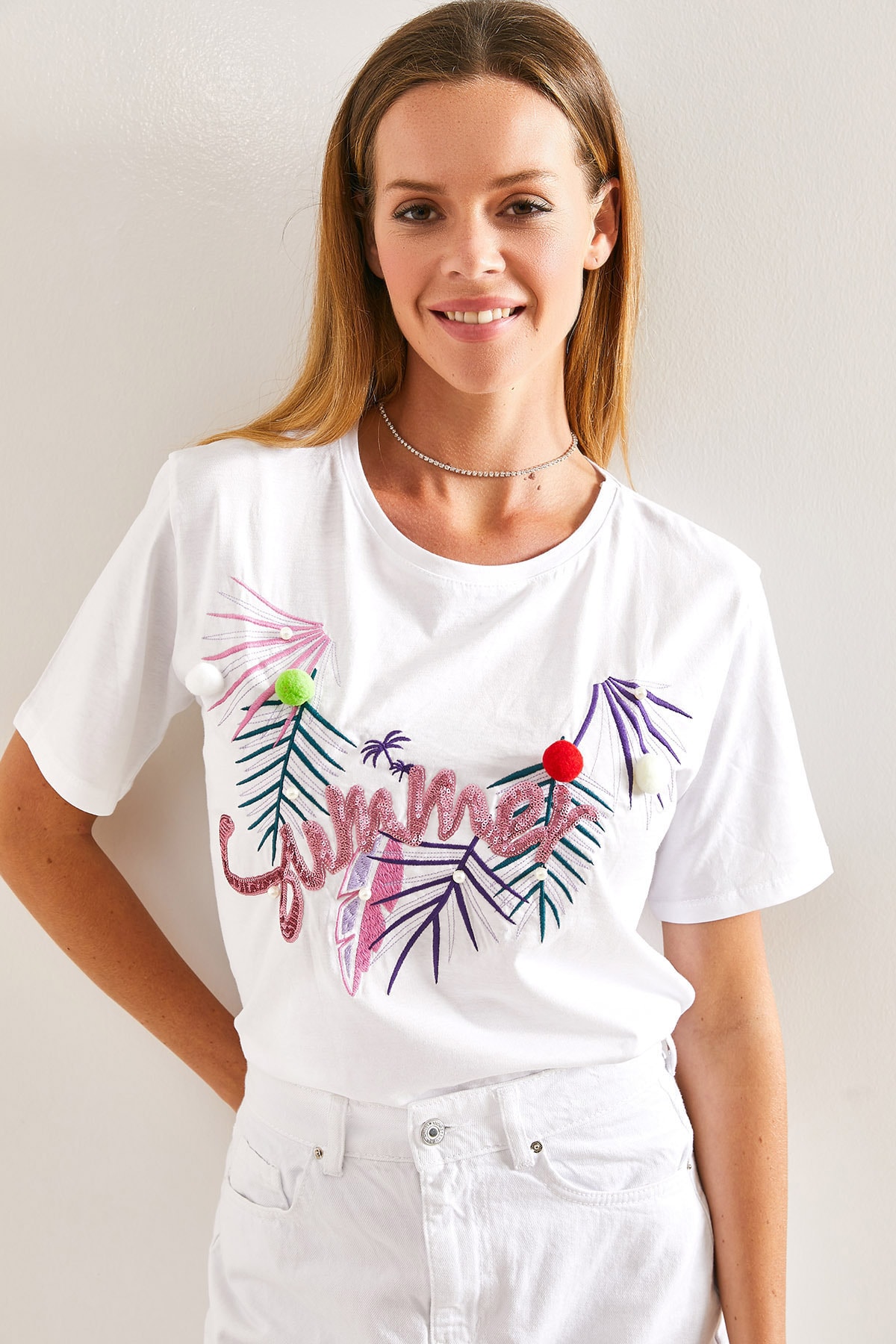 Bianco Lucci Women's Printed Pompom Tshirt