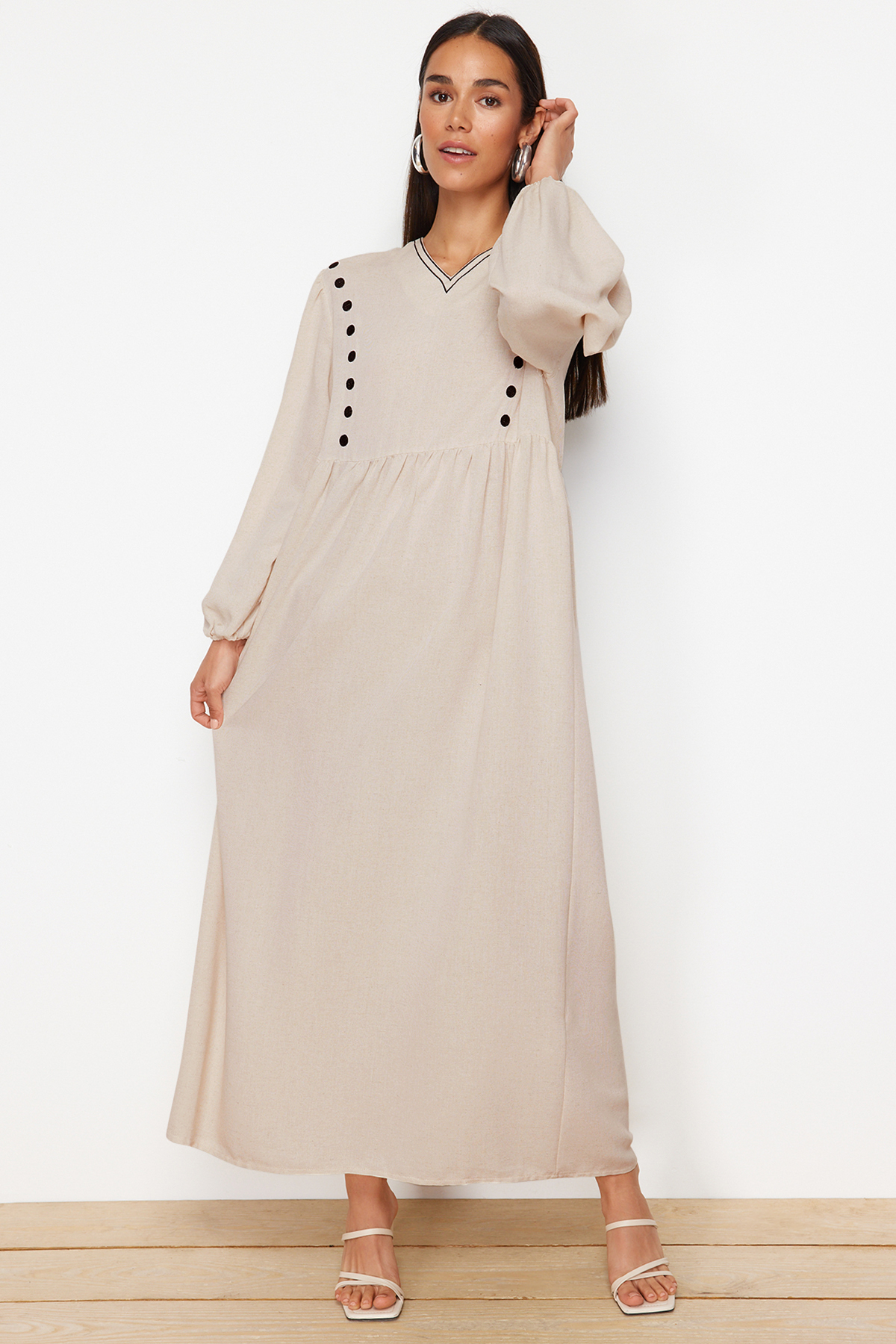 Trendyol Beige V-Neck Detailed Woven Linen Look Dress