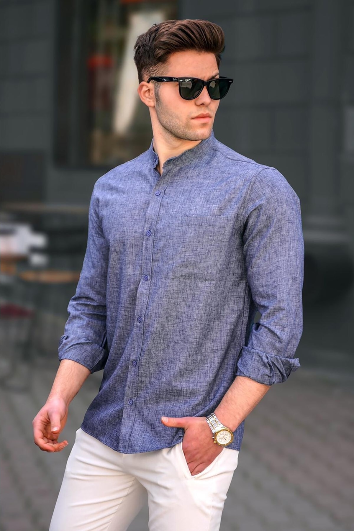 Madmext Men's Navy Blue Linen Plain Long Sleeve Shirt 5548