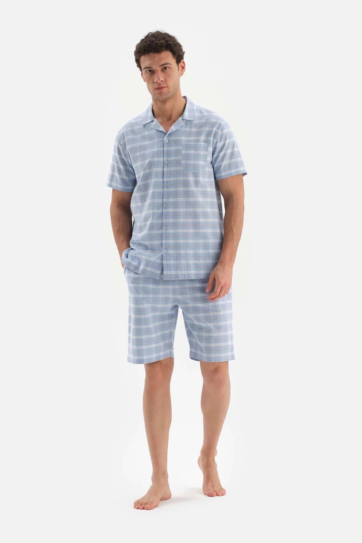 Levně Dagi Light Blue Shirt Collar Plaid Woven Shorts Pajamas Set