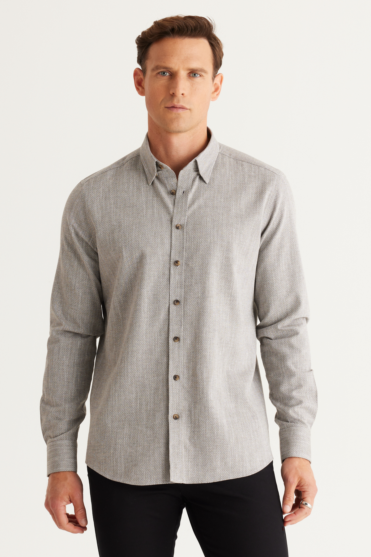 ALTINYILDIZ CLASSICS Men's Khaki Slim Fit Slim Fit Shirt with Concealed Buttons Collar Cotton Dobby Shirt