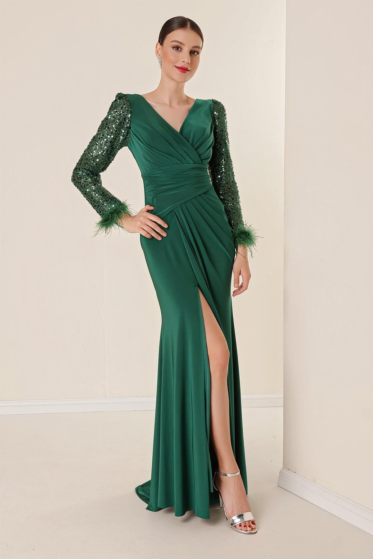 Levně By Saygı Double-breasted Collar Draped Long Sleeves Lined Lycra Dress with Stitching Feather Detail Emerald.