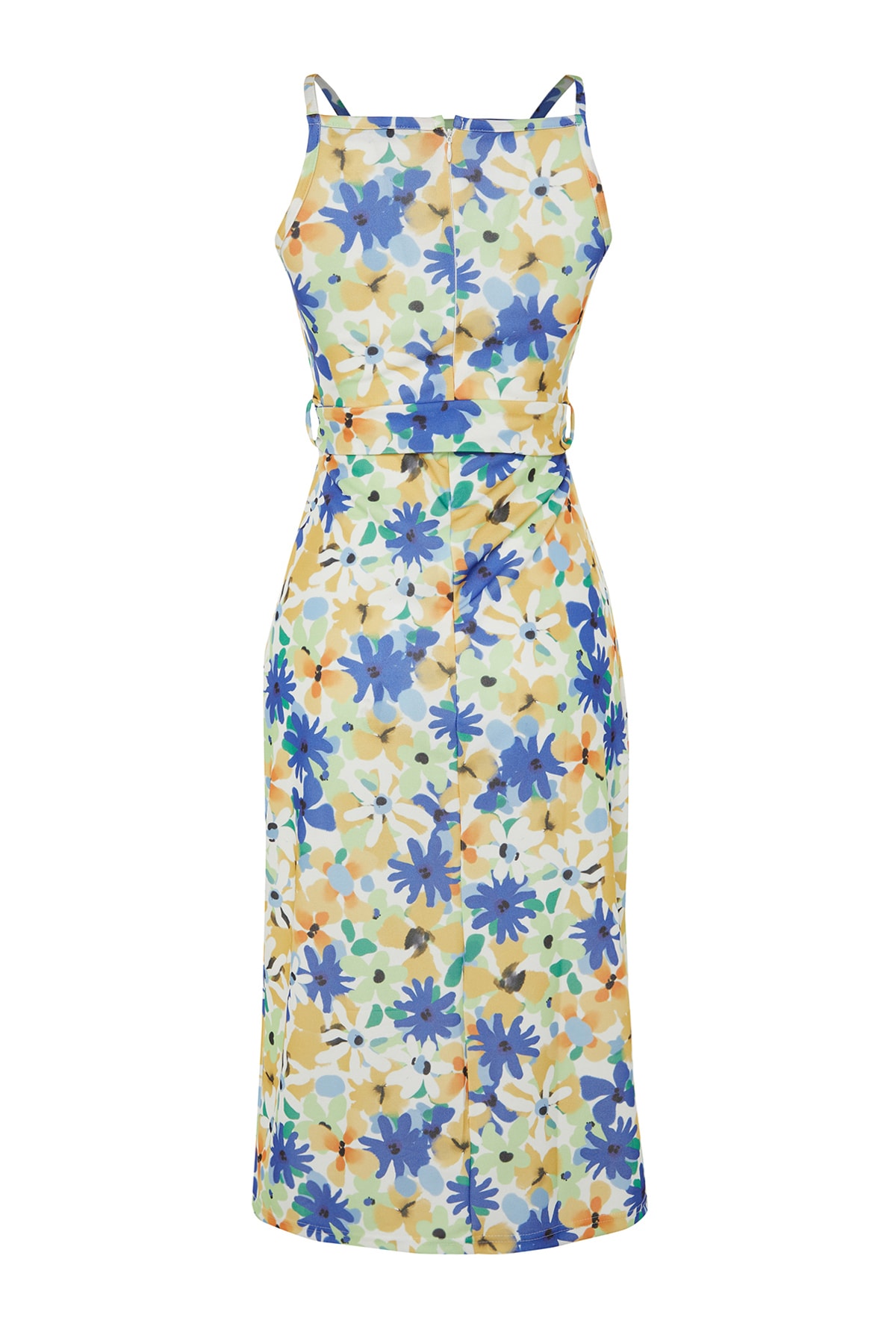 Trendyol Green Floral Print Halter Neck Belted Crepe Midi Knitted Dress
