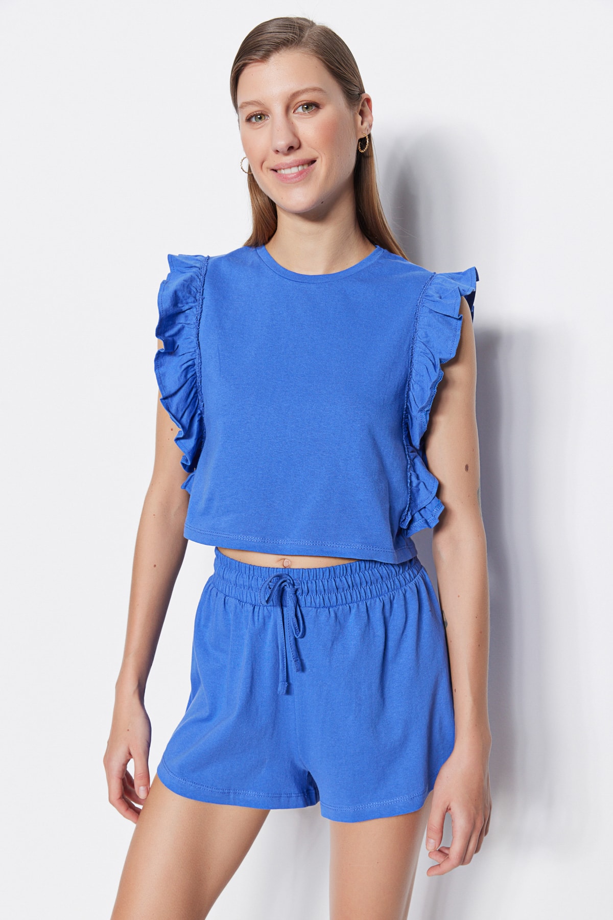 Levně Trendyol Navy Blue 100% Cotton T-shirt with Frills-Shorts, Knitted Pajamas Set