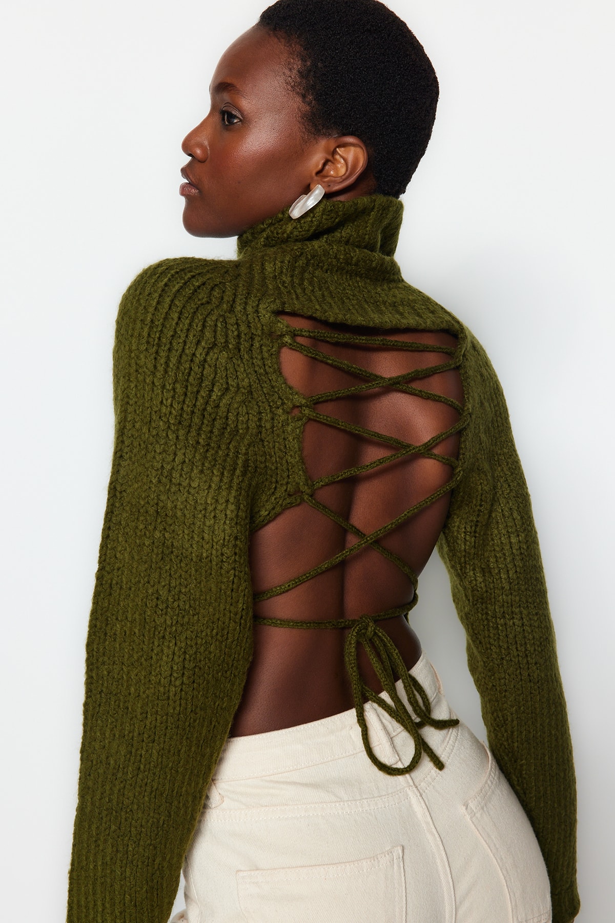 Trendyol Pistachio Green Super Crop Soft Textured Back Tie Detail Knitwear Sweater