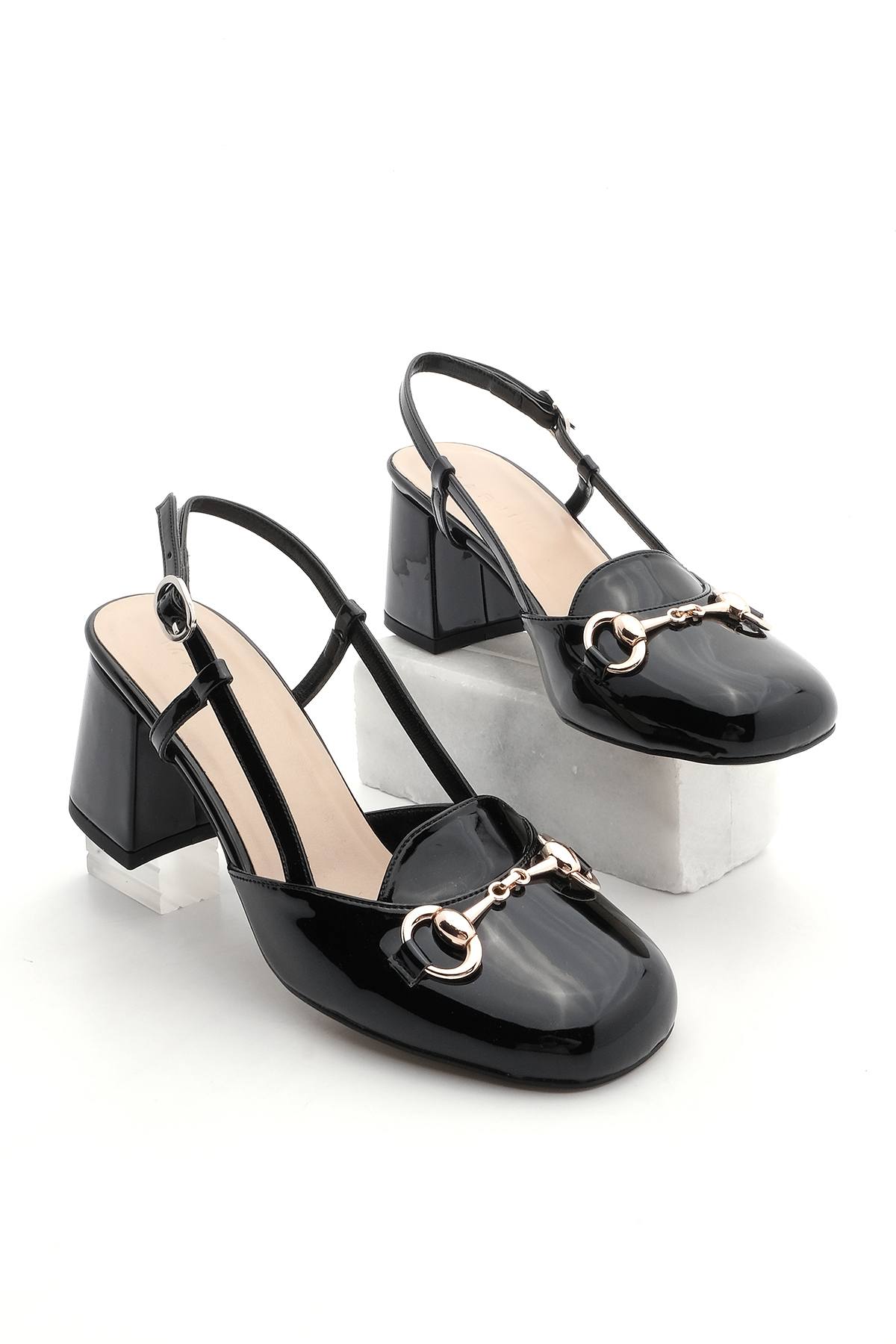 Levně Marjin Women's Chunky Heel Buckled Open Back Classic Heel Shoes Mirka Black Patent Leather