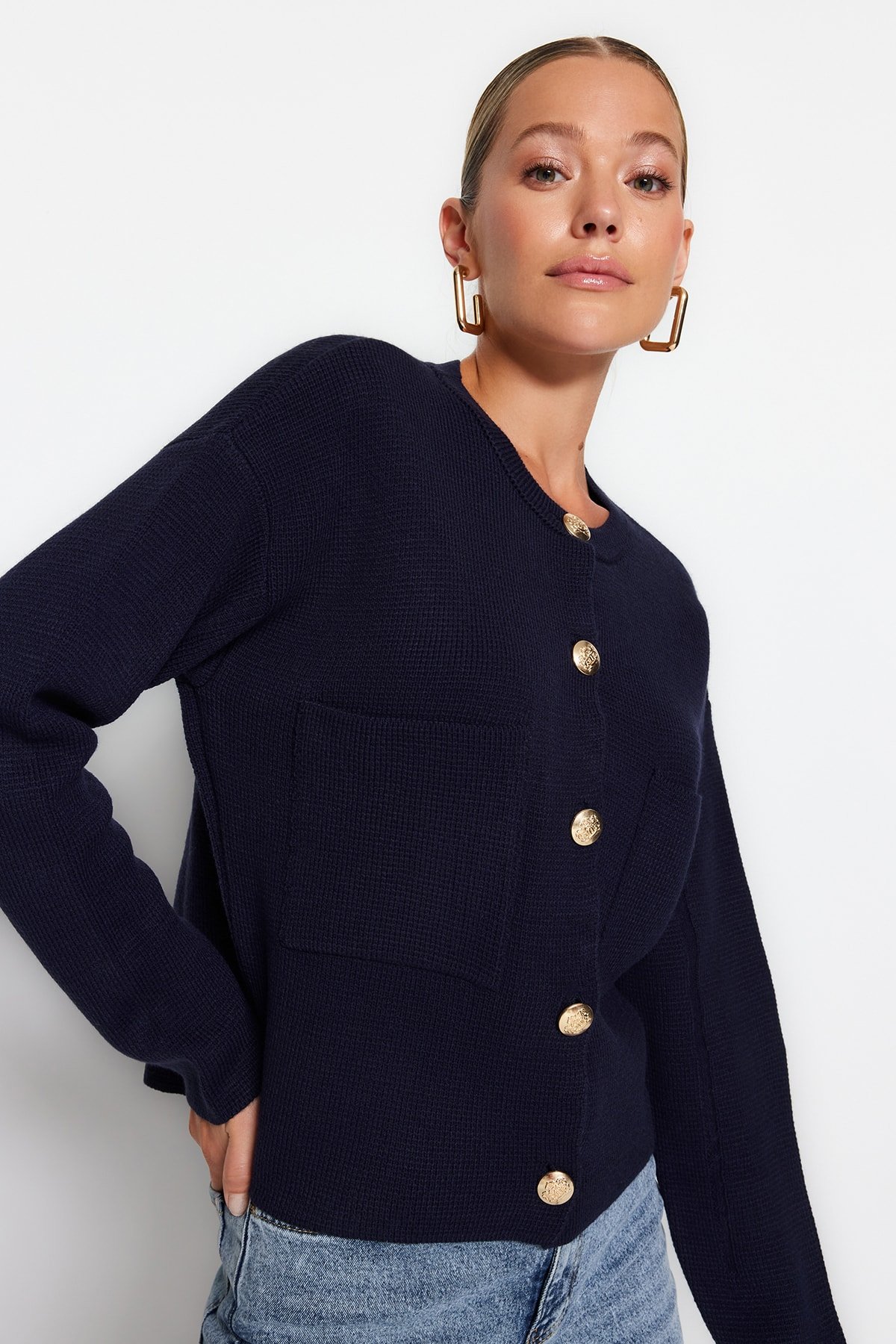 Trendyol Navy Blue Měkké texturované příslušenství Pletený svetr