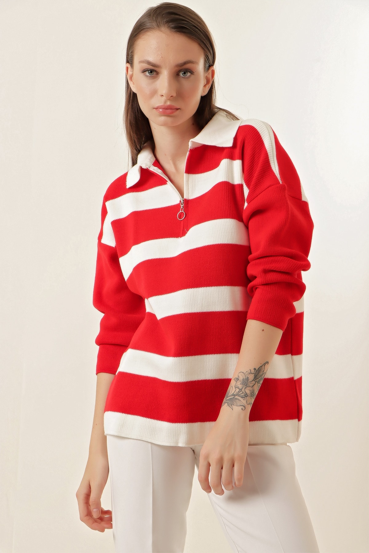 Levně Bigdart 4512 Striped Oversized Sweater - Red
