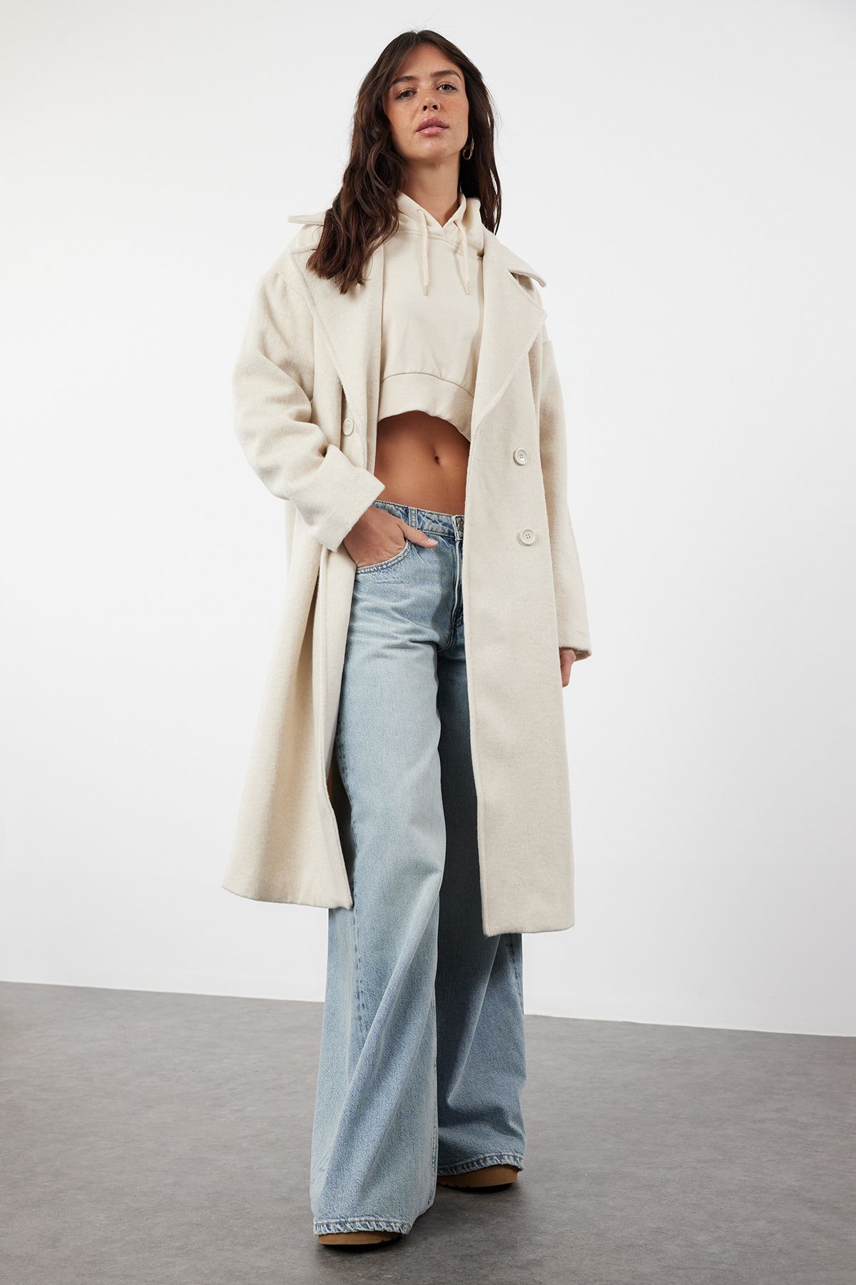 Trendyol Ecru Oversize Wide Cut Long Wool Cashmere Coat