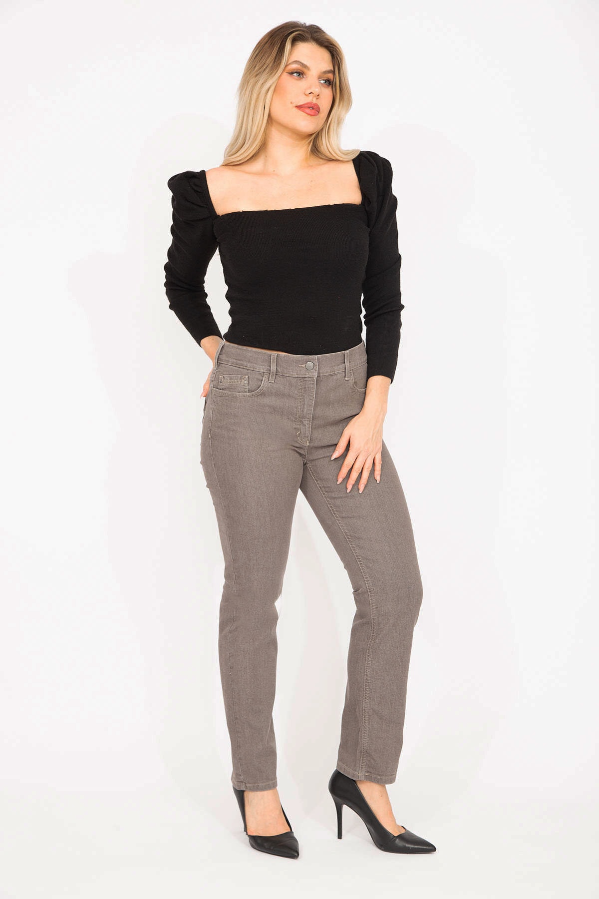 Levně Şans Women's Plus Size Mink Jeans With Elastic Detail On The Back Belt, 5 Pockets