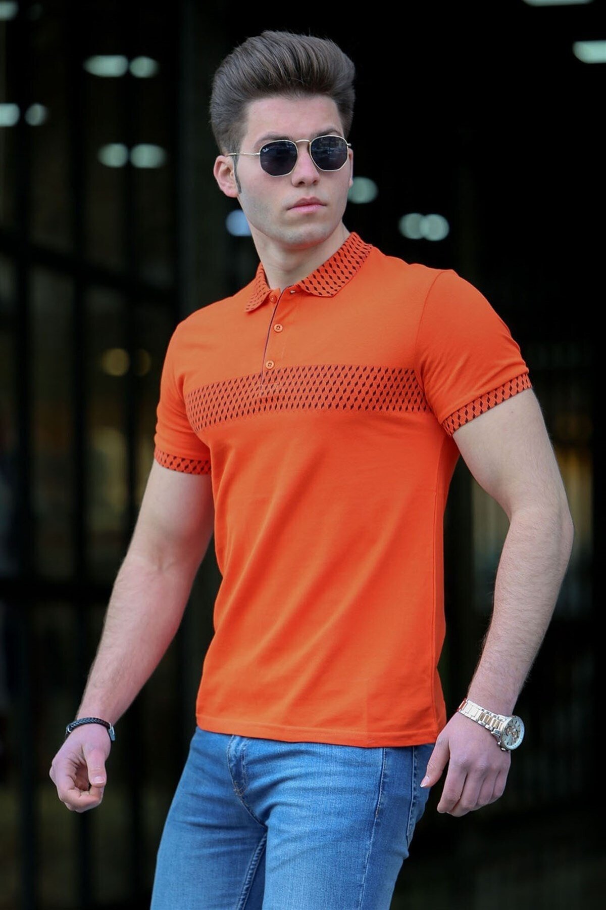 Levně Madmext Men's Orange Patterned Polo Neck T-Shirt