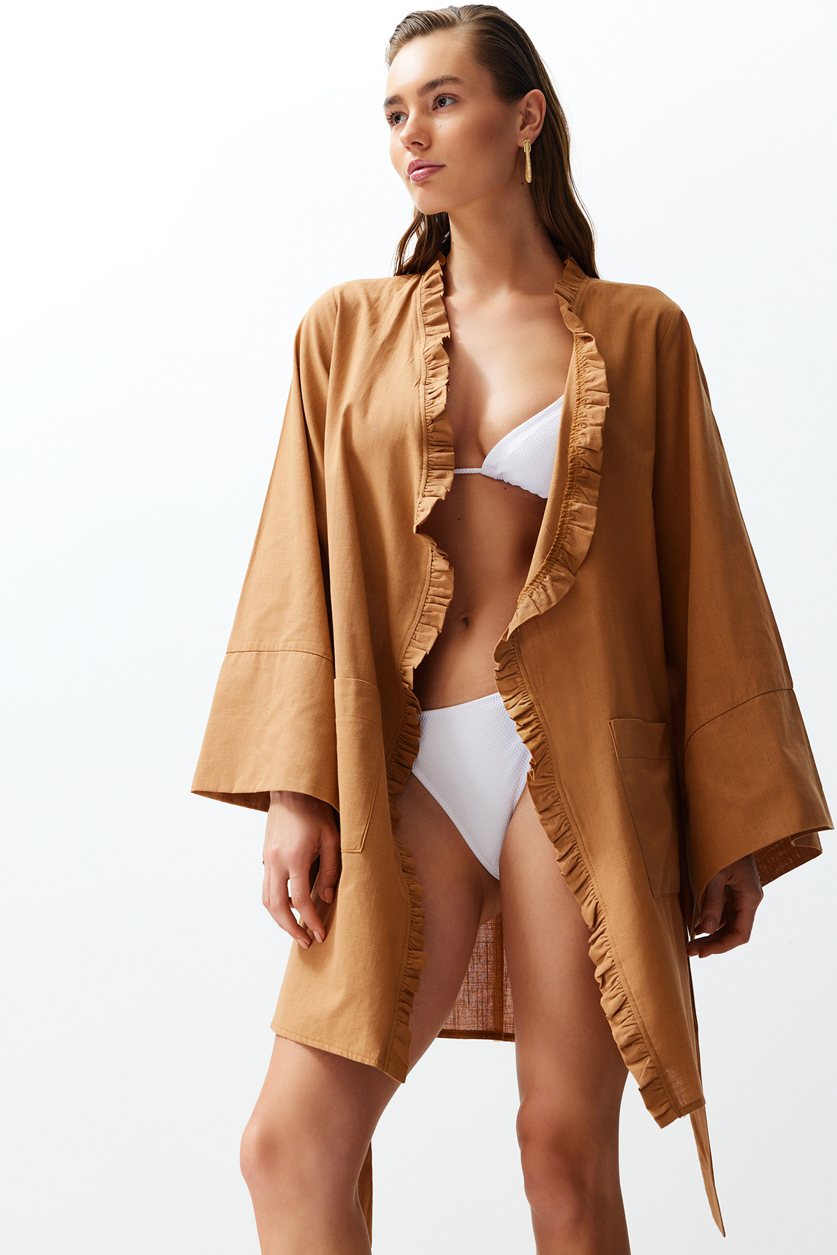 Trendyol Brown Belted Mini Woven Ruffle 100% Cotton Kimono&Kaftan