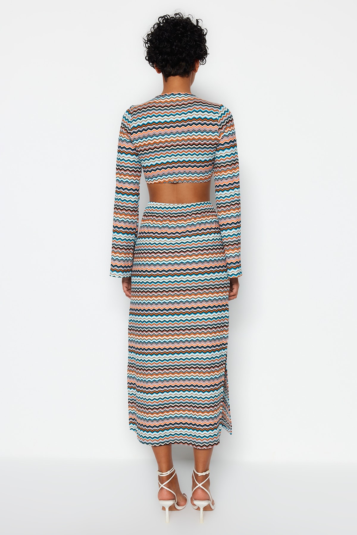 Trendyol Multi Color Cut Out Detail Printed Stretch Midi Knitted Dress