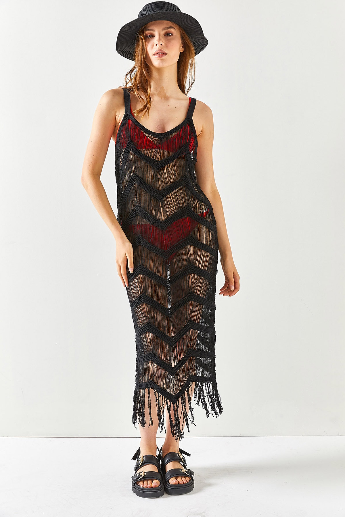 Levně Olalook Dámské černé páskové průhledné pletené plážové šaty