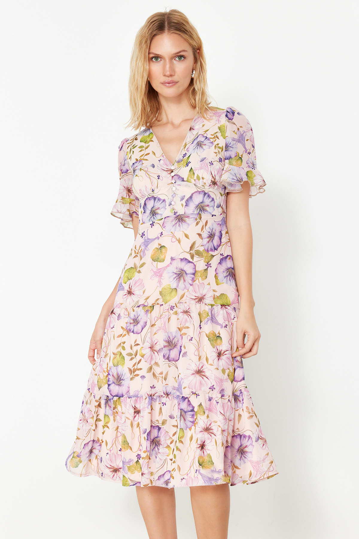 Trendyol Pink Floral Print A-Cut Flounced Midi Lined Chiffon Woven Dress