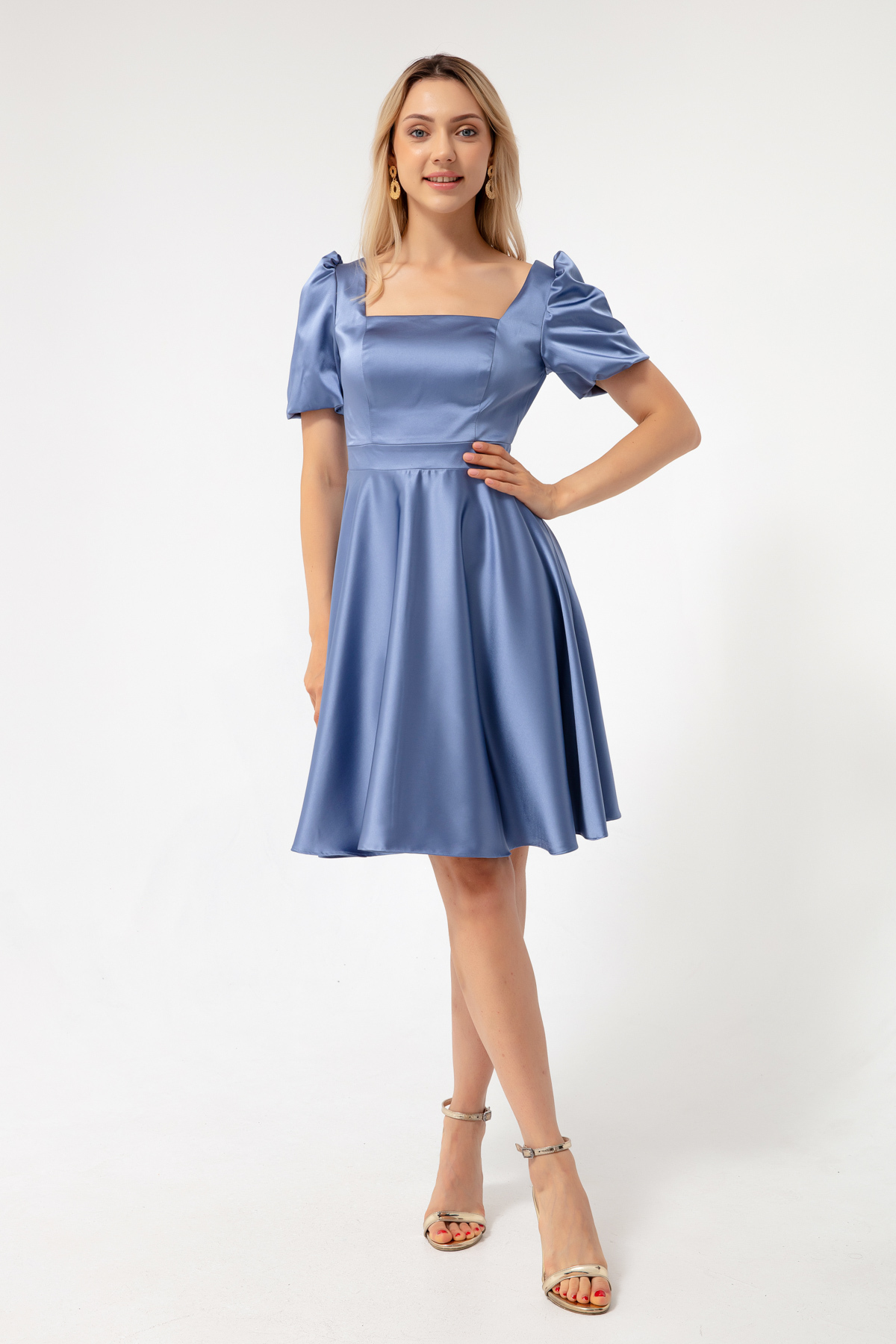 Lafaba Women's Indigo Balloon Sleeve Flared Cut Midi Satin Evening Dress