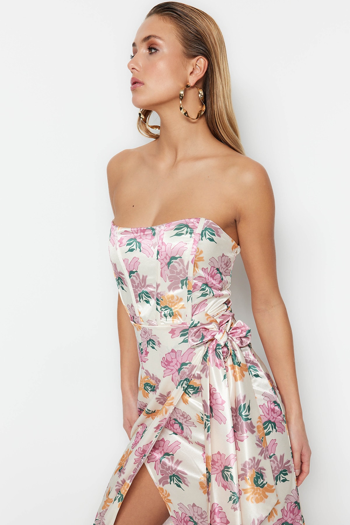 Trendyol Multicolor Double Breasted Lined Tricotat Satin Floral Model Rochie Lunga de Seara