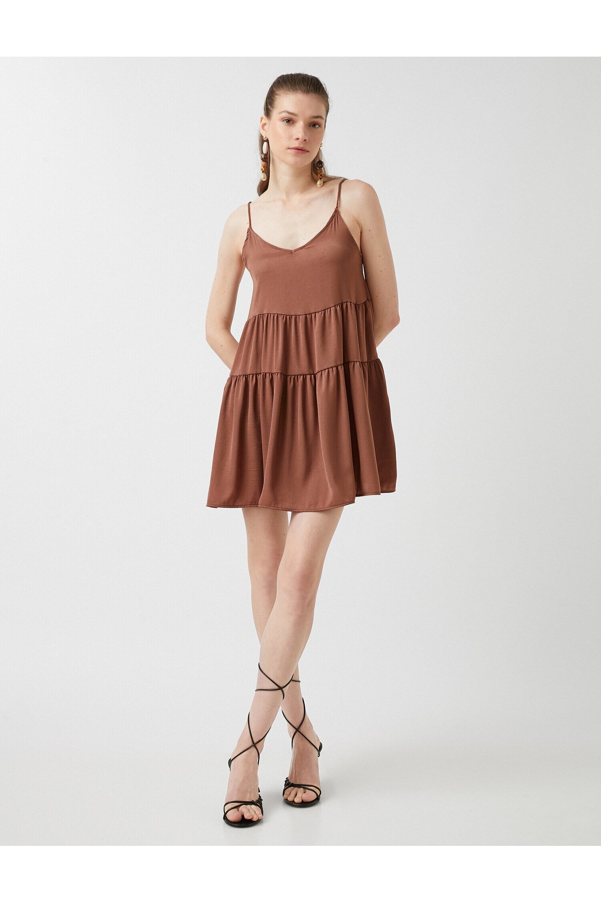 Koton Tiered Mini Dress with Straps V-Neck