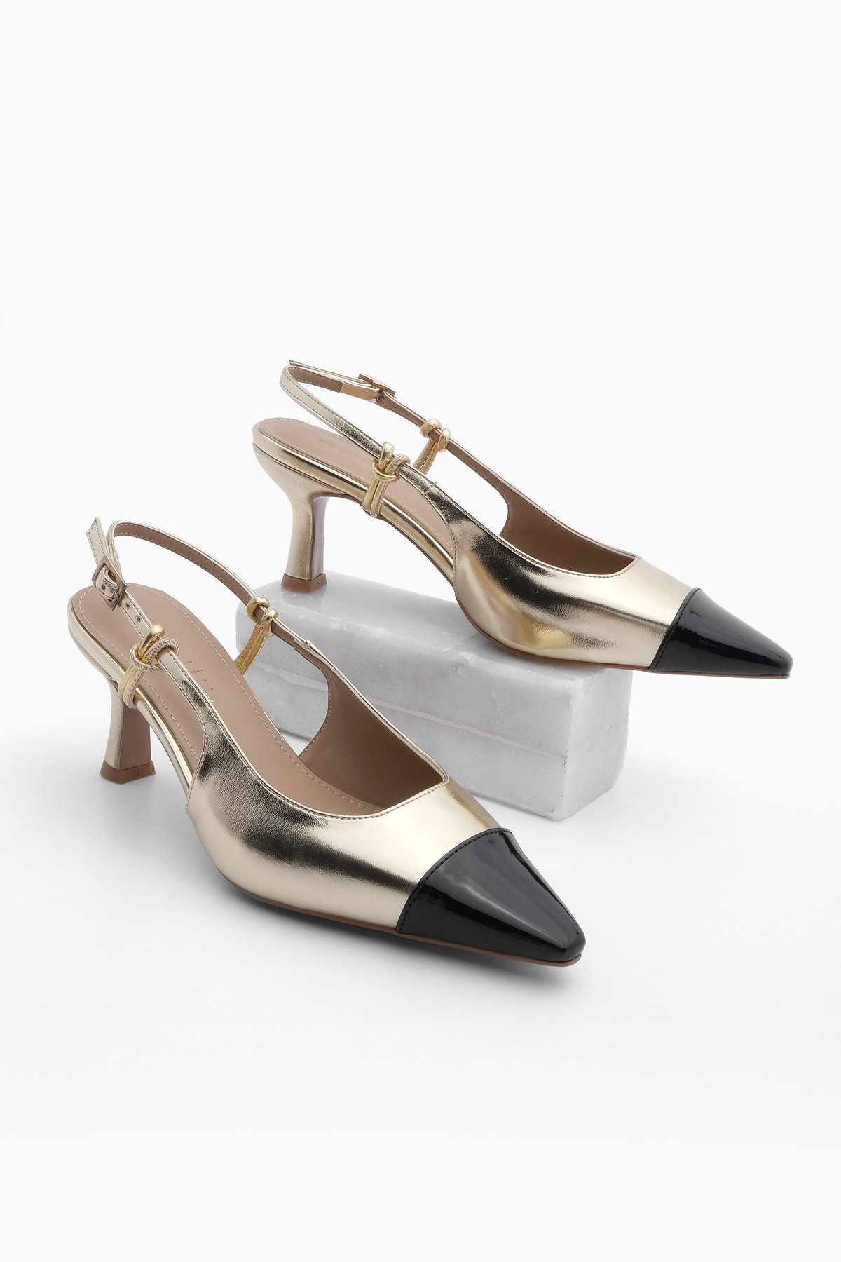 Levně Marjin Women's Pointed Toe Open Back Thin Heel Classic Heel Shoes Lenes Gold